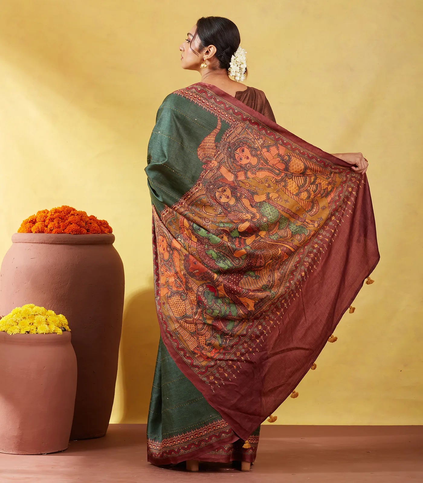 RmKV Bottle Green Handloom Tussar Silk Saree Printed With Lord Ram In Pallu - view 3
