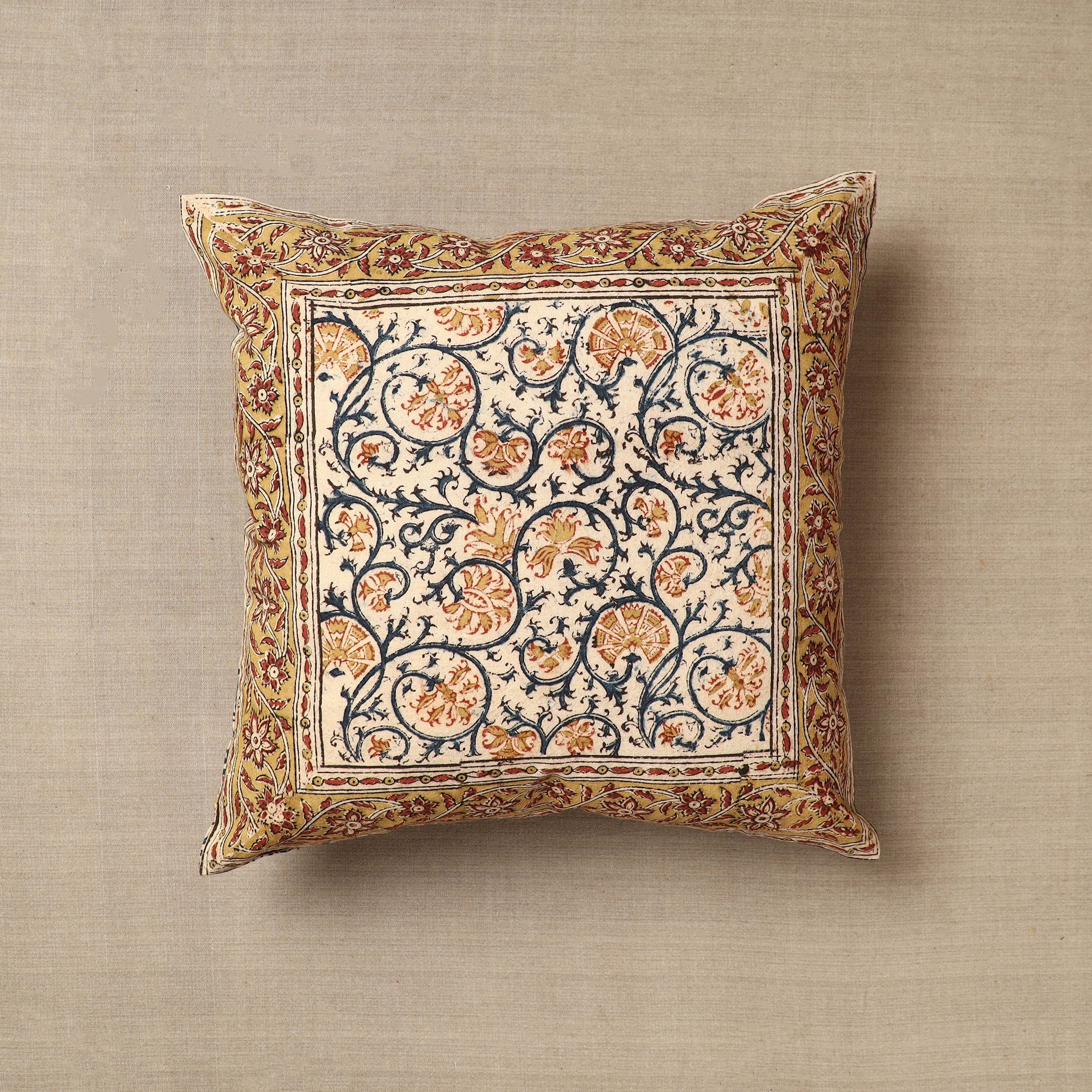 PITCHUKA SRINIVAS KALAMKARI PEDANA Beige - Original Pedana Block Print Cotton Kalamkari Cushion Cover 35