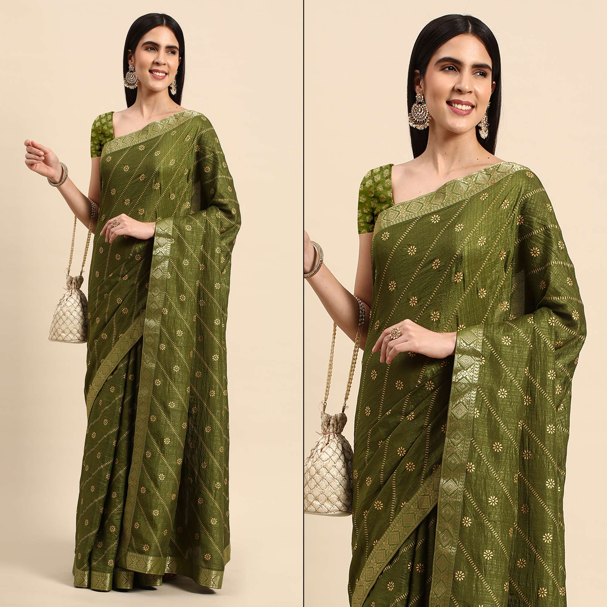 Peachmode Mehendi Green Floral Foil Printed Vichitra Silk Saree