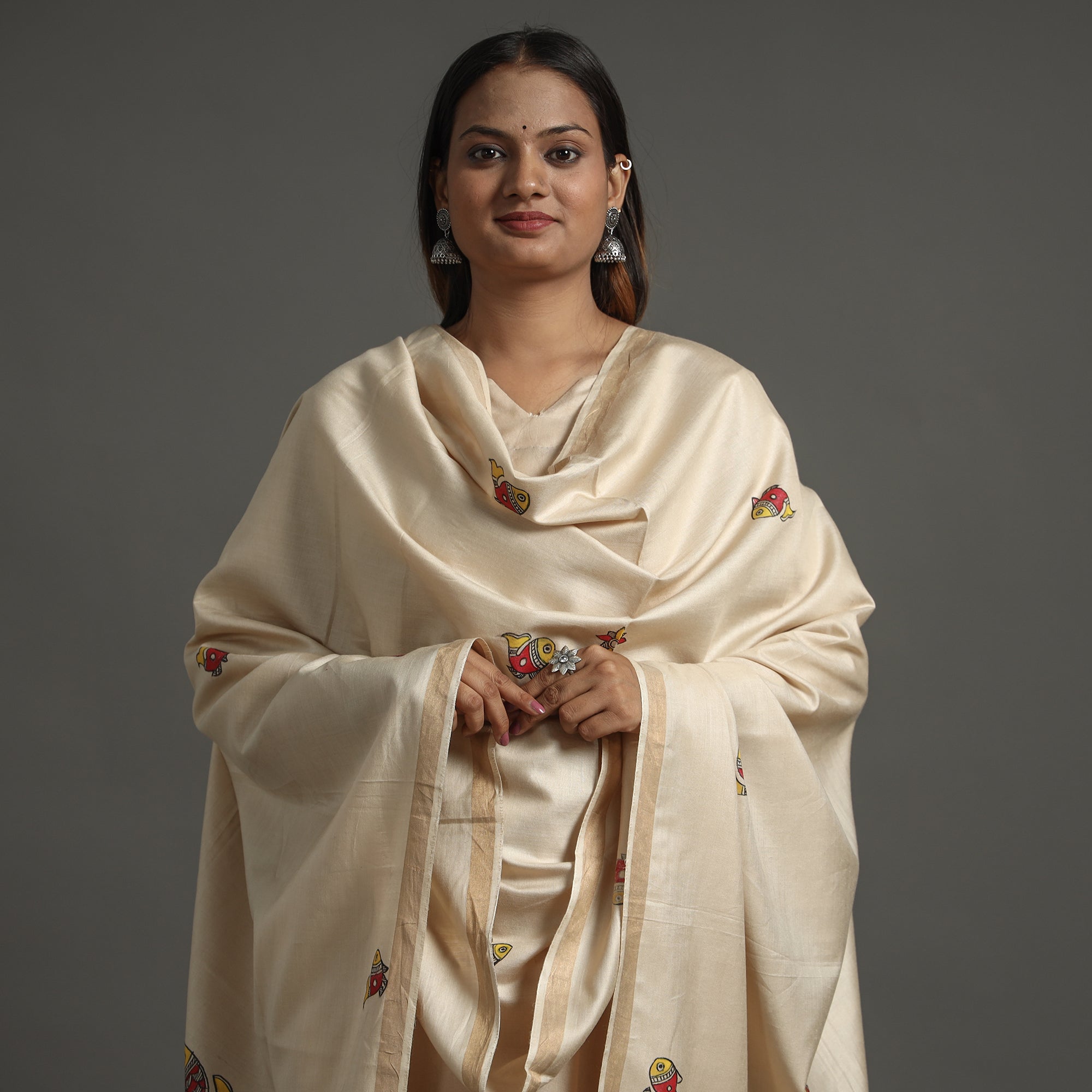 ITOKRI CRAFTS INITIATIVE Beige - Handpainted Tussar Cotton Handloom Madhubani Dupatta 06 - view 4