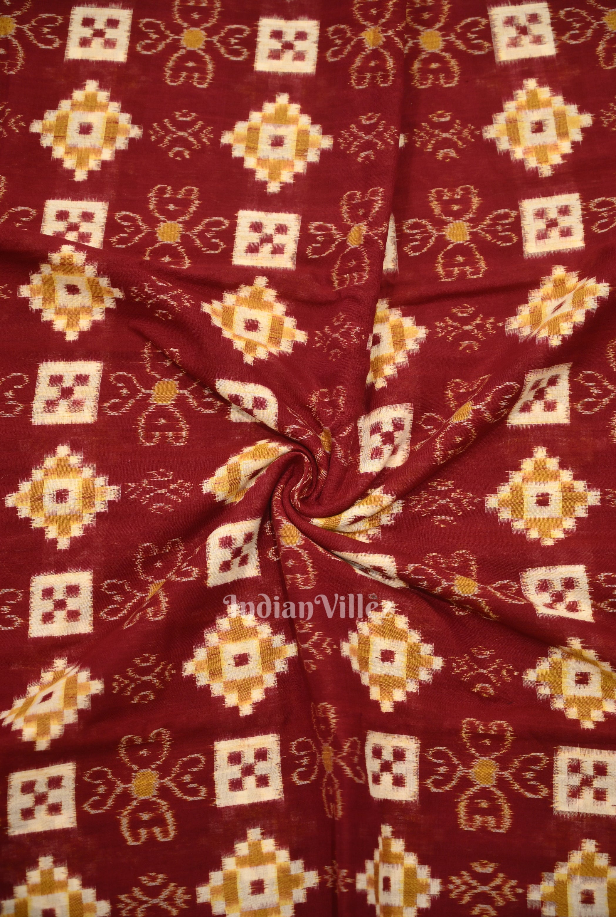 IndianVillèz Maroon Pasapalli Motif Odisha Ikat Sambalpuri Cotton Fabric