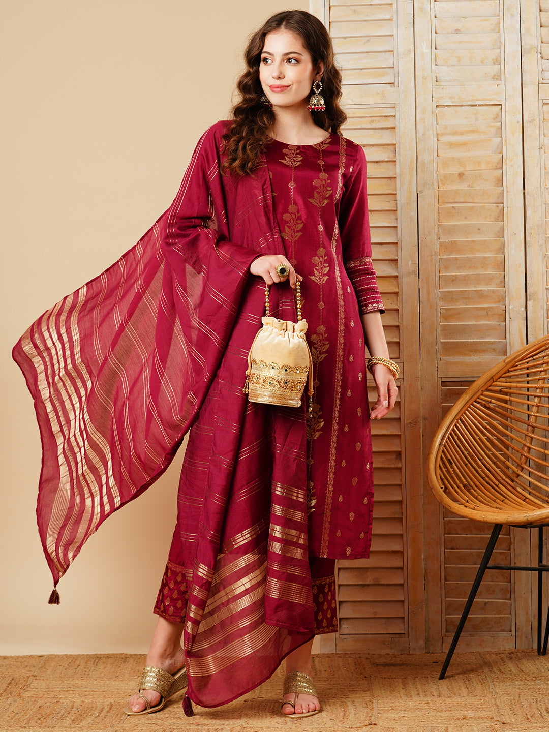 Fashor Floral Woven & Embroidered Straight Kurta with Pant & Dupatta - Deep Purple