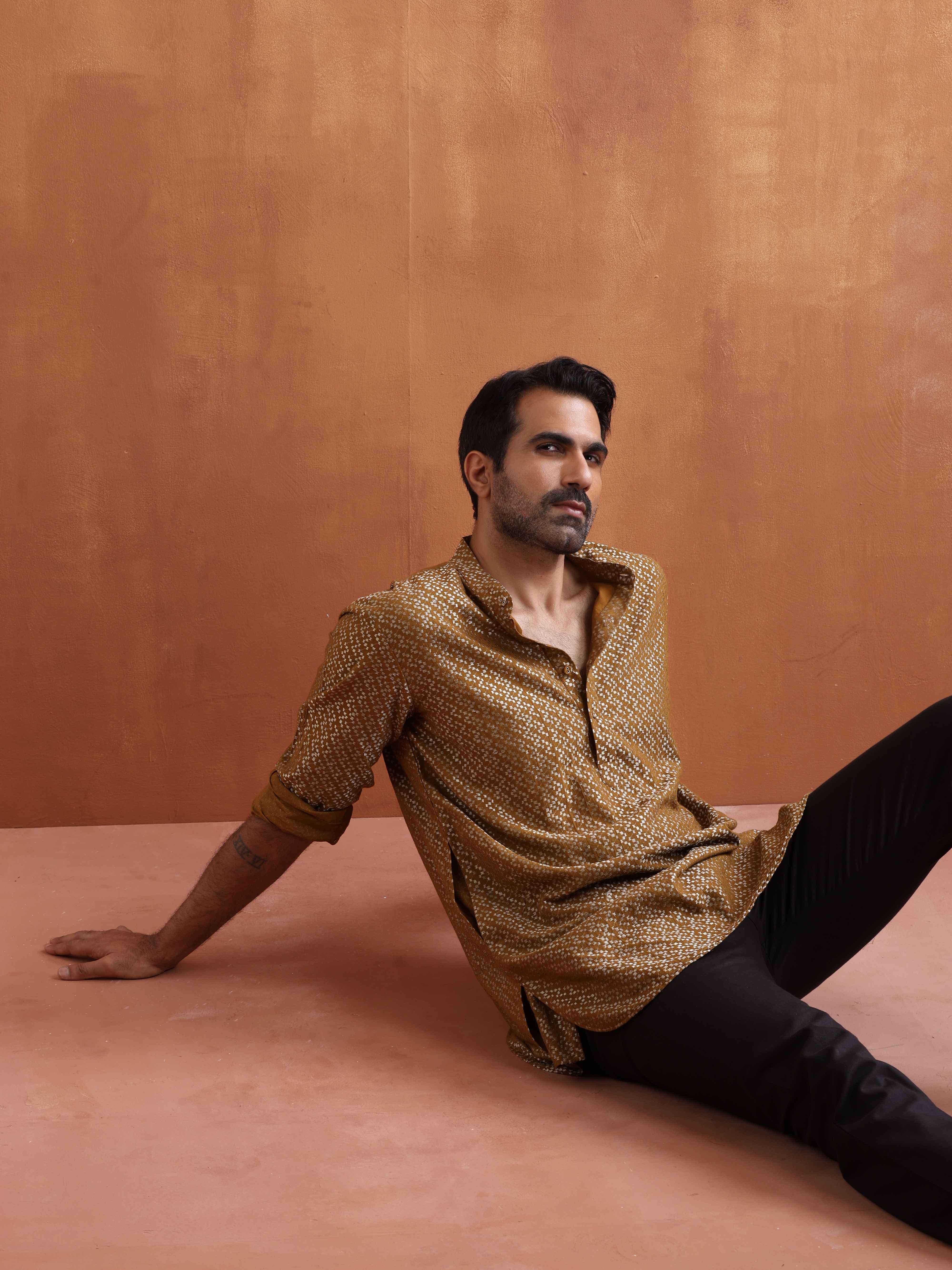 trueBrowns Men's Mustard Cotton Dobby Short Kurta - view 8