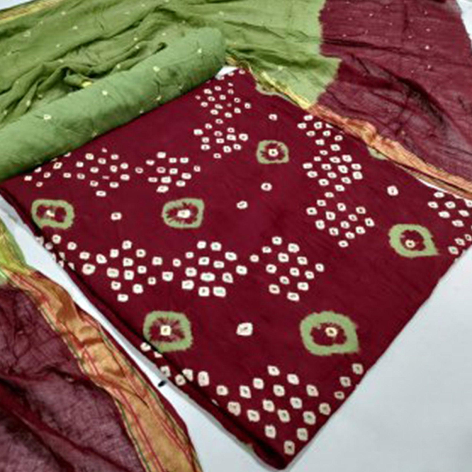 Peachmode Dark Maroon Casual Wear Hand Bandhej Cotton Dress Material