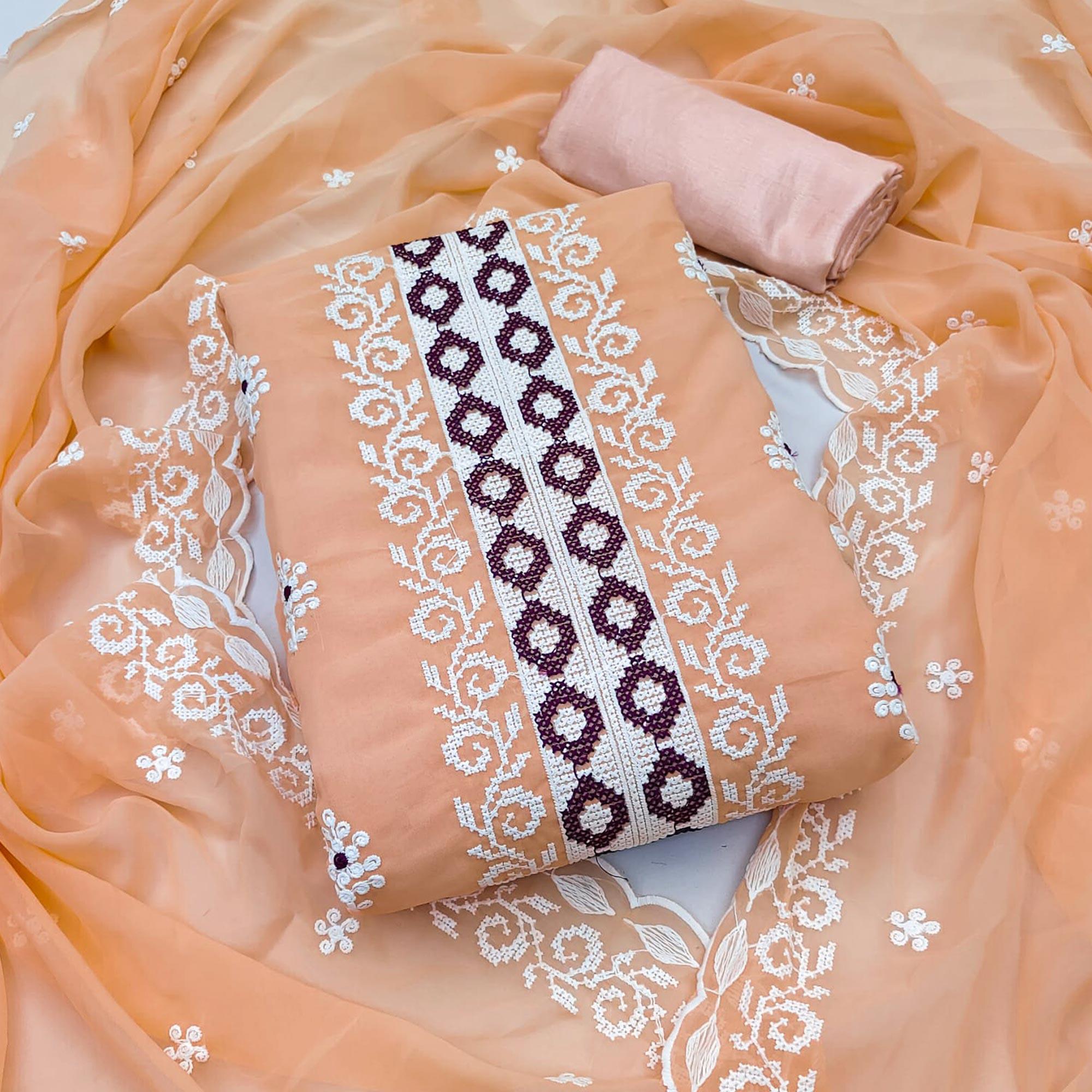 Peachmode Light Orange Embroidered Georgette Dress Material