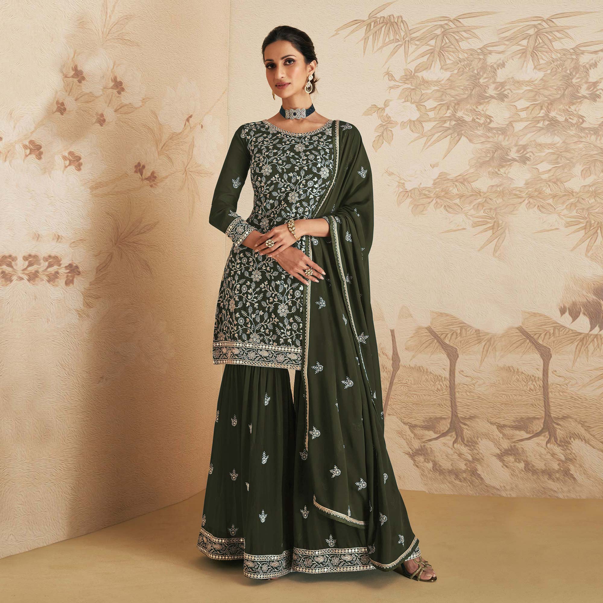 Peachmode Dark Olive Green Sequins Embroidered Georgette Semi Stitched Sharara Suit - view 2
