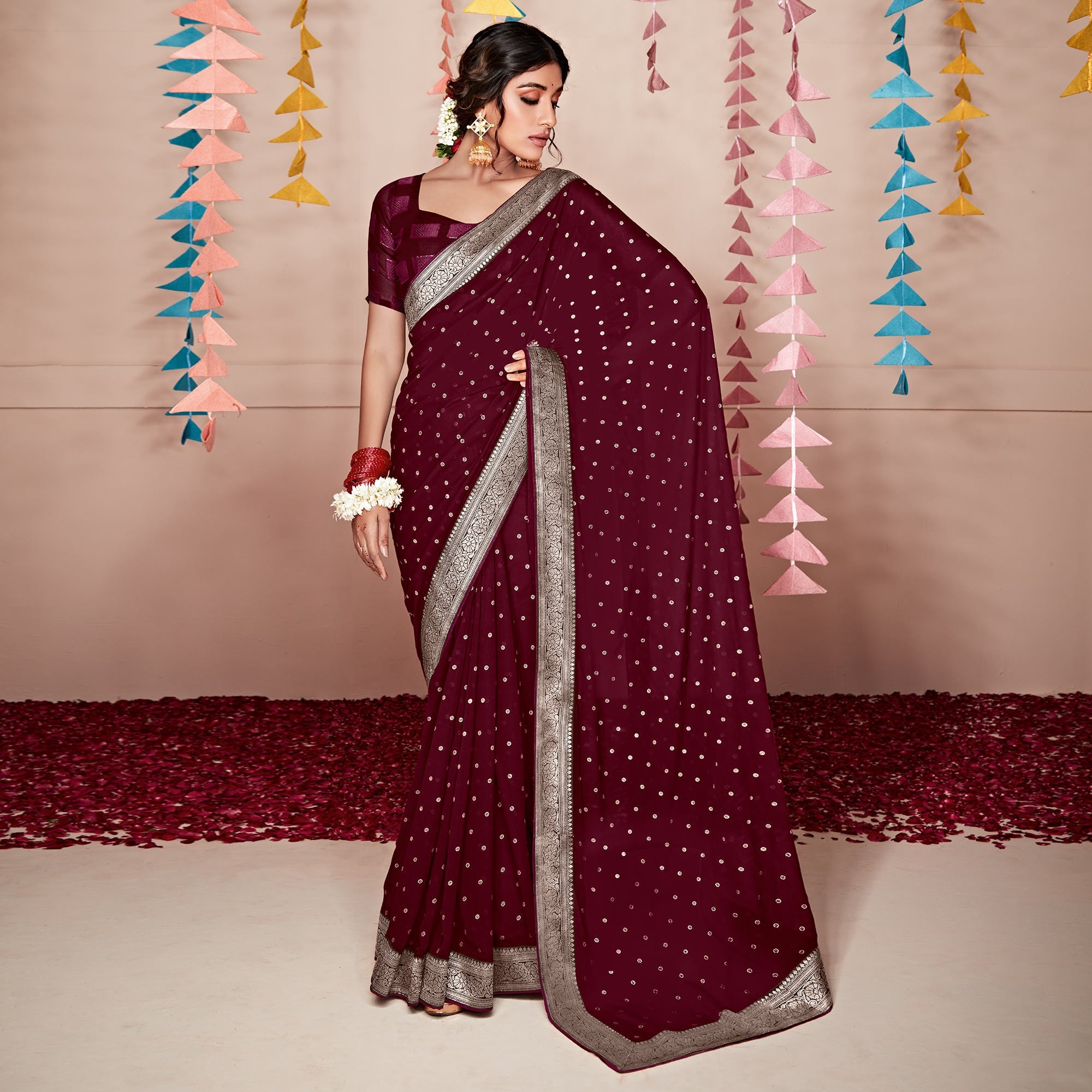 Peachmode Maroon Foil Printed With Woven Border Georgette Saree - view 2