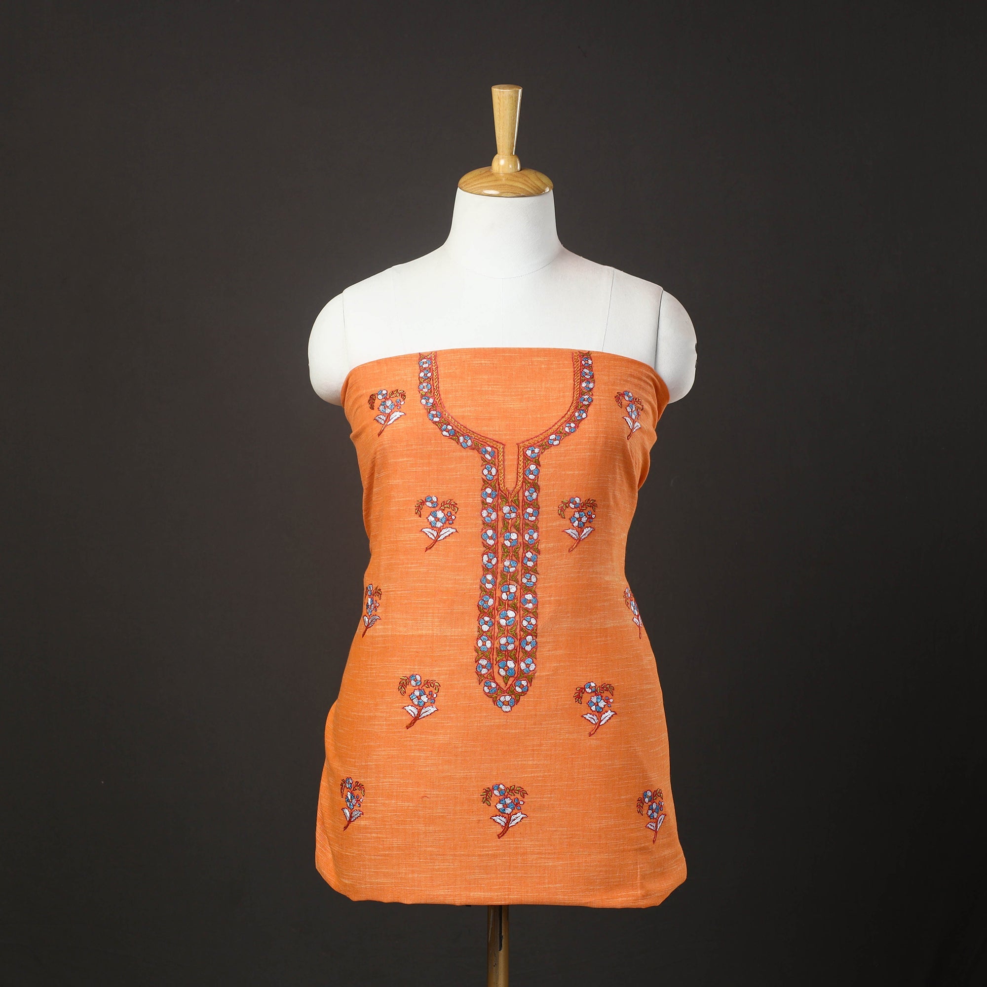 ITOKRI CRAFTS INITIATIVE Orange - Kashida Hand Embroidery Cotton Kurta Material (2.5m) 38