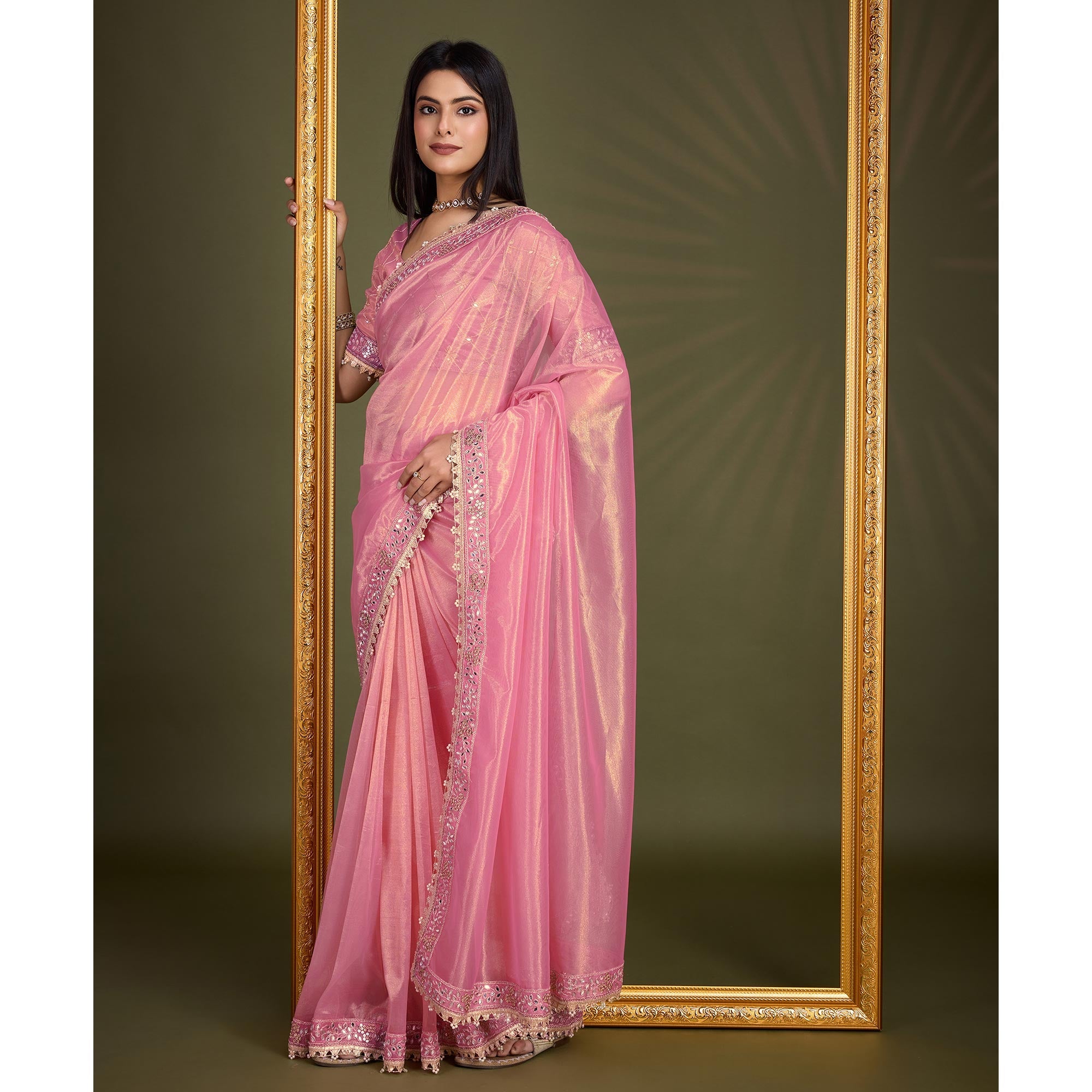 Peachmode Light Pink Sequins Embroidery With Mirror Handwork Twill Net Saree - view 5