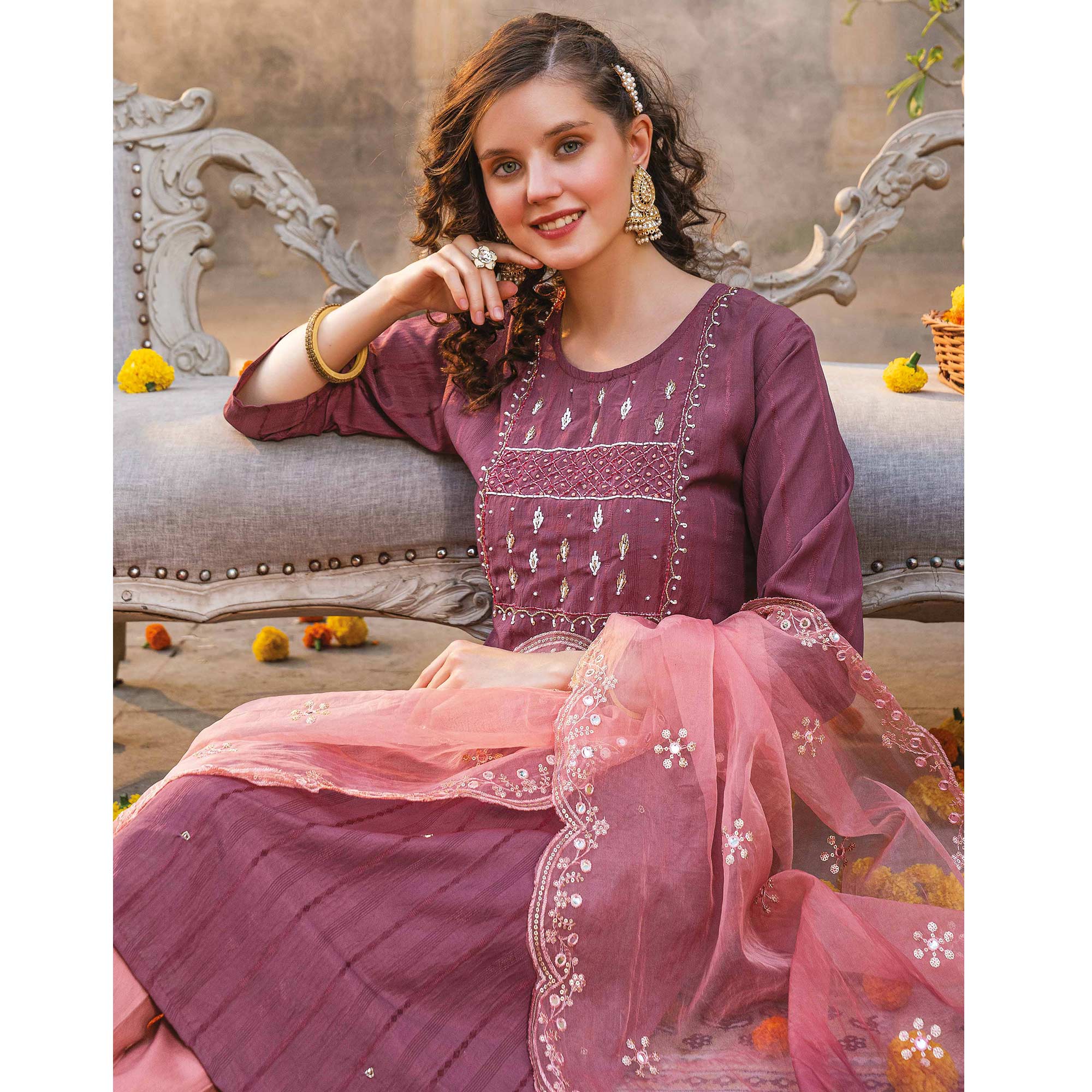 Peachmode Dark Mauve Embellished Viscose Salwar Suit - view 3