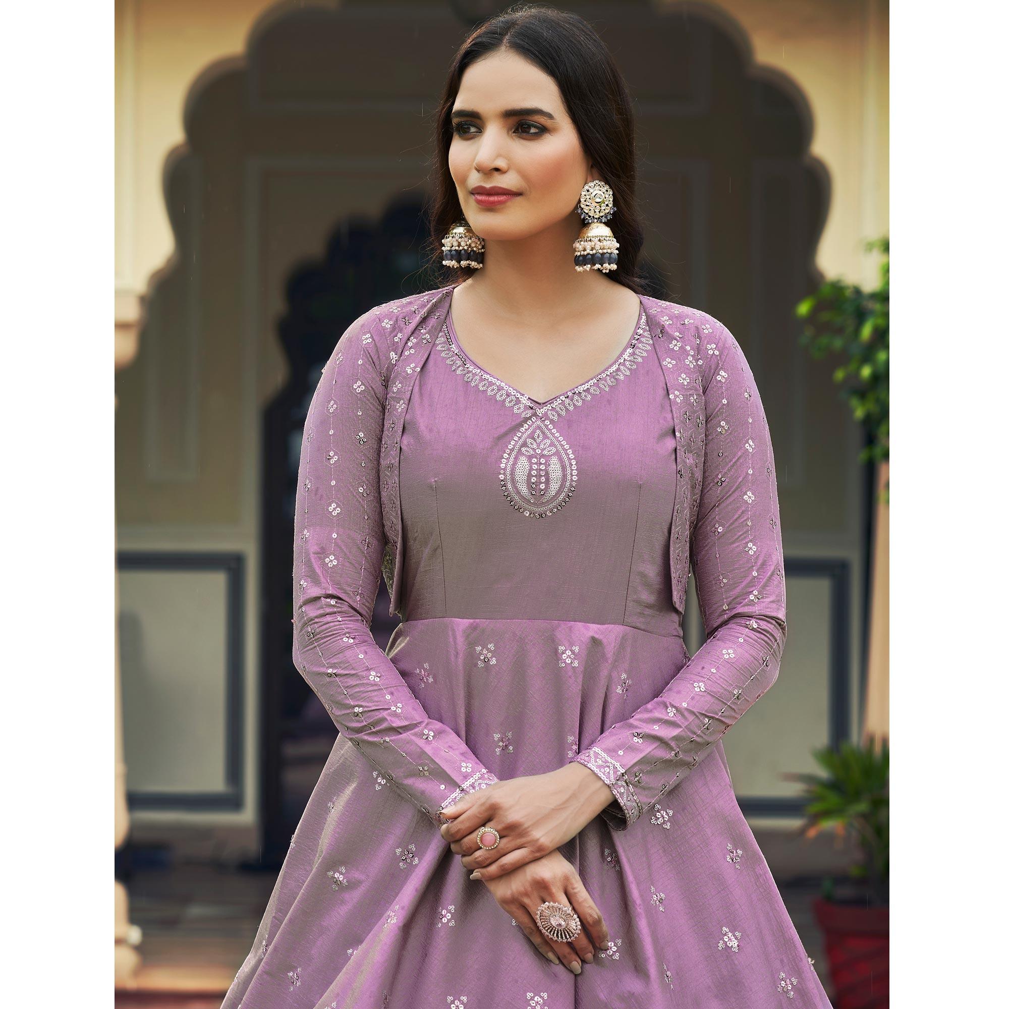 Peachmode Lavender Sequins Embroidered Pure Cotton Gown With Koti - view 3