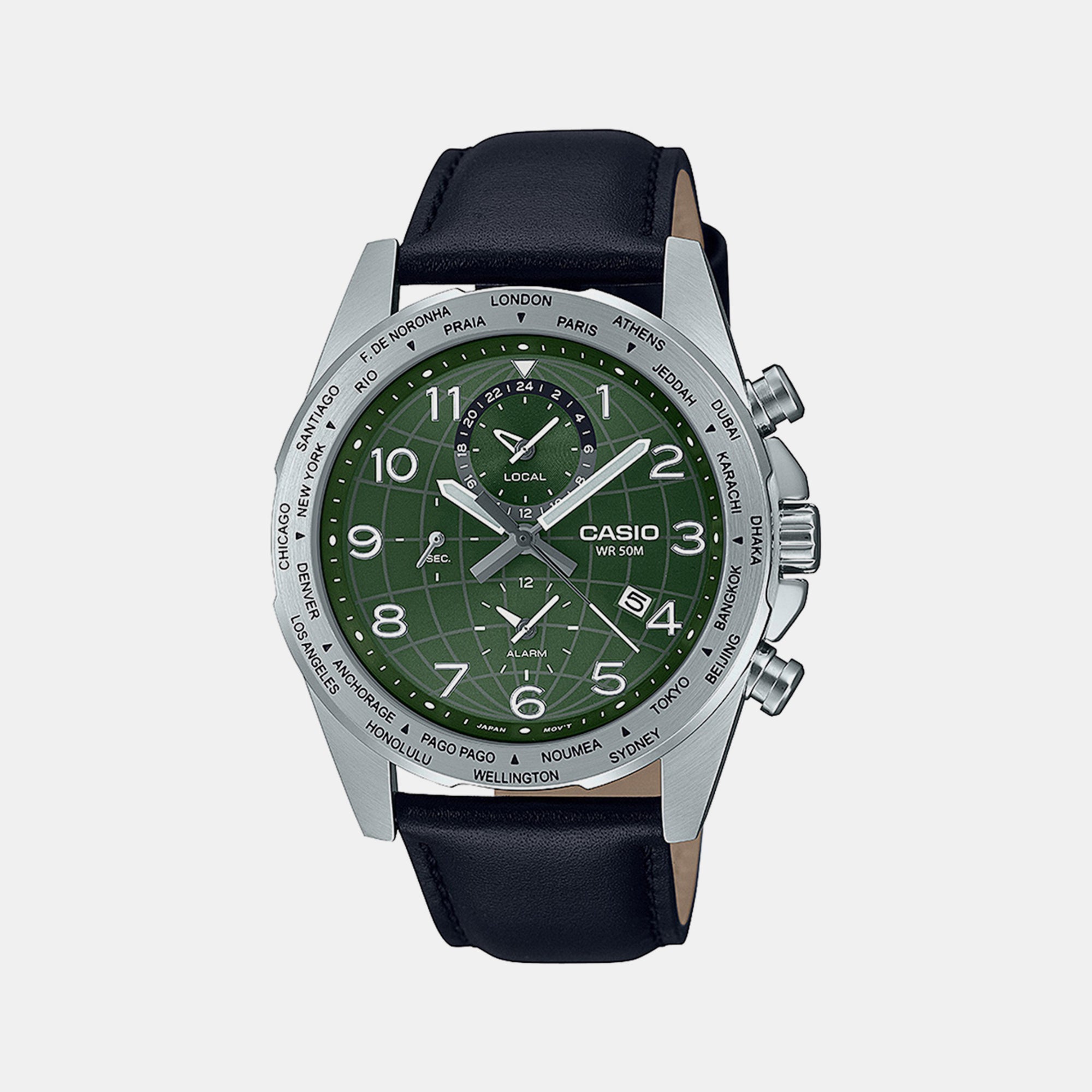 Casio Enticer Men Quartz Green Dial Chronograph Leather Watch A2151
