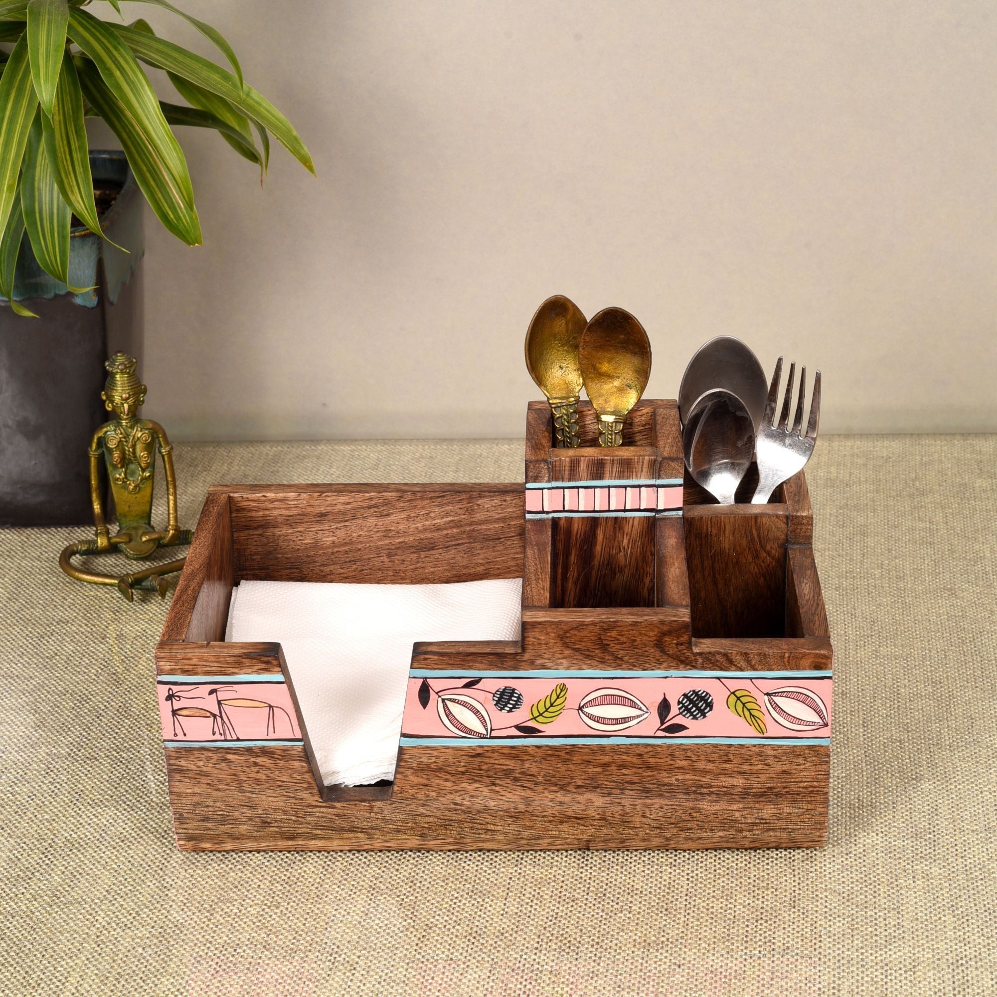 ART CREATIONS BY SUMAN SONTHALIA Brown - Leafy Charm Wooden Cutlery Holder (10x6x5)