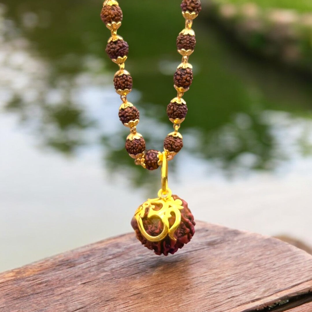 soultheory 7 Mukhi Rudraksha Necklace Om Shree Design Gold Plated