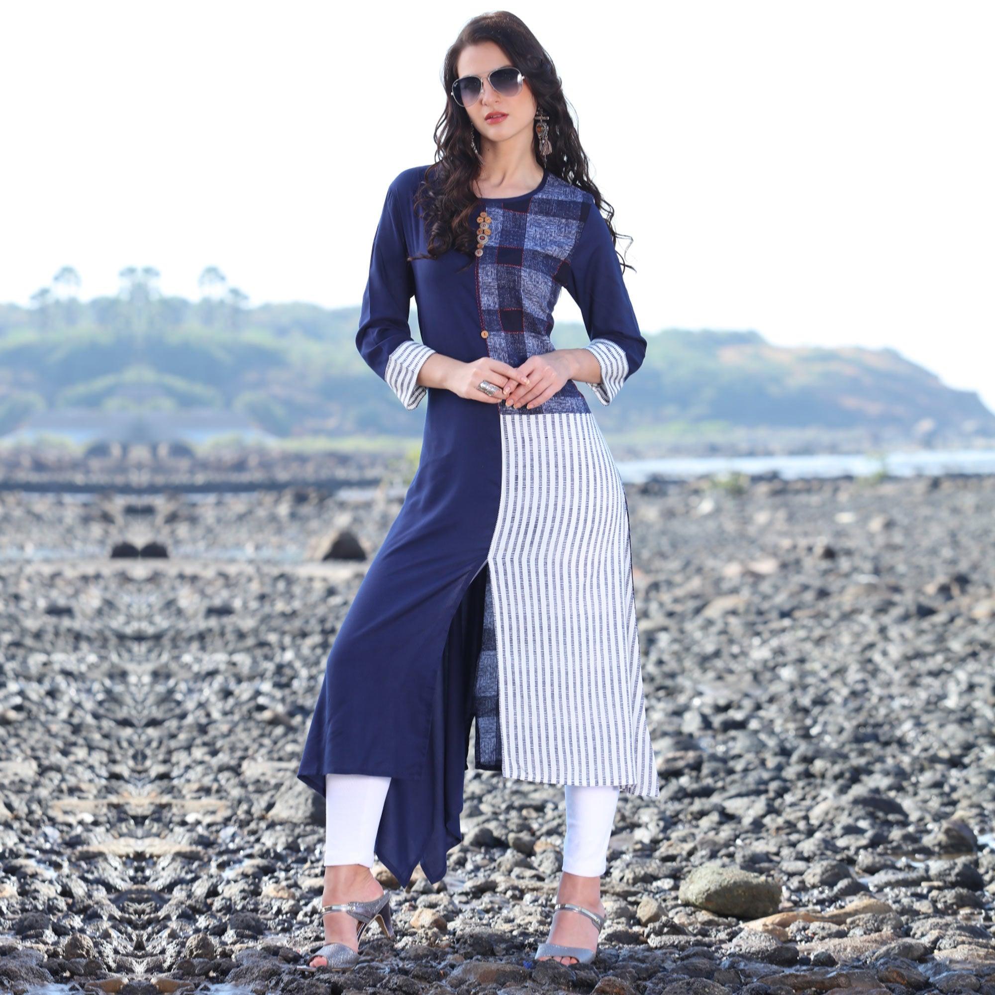 Peachmode Charming Navy Blue Designer Printed Rayon Kurti