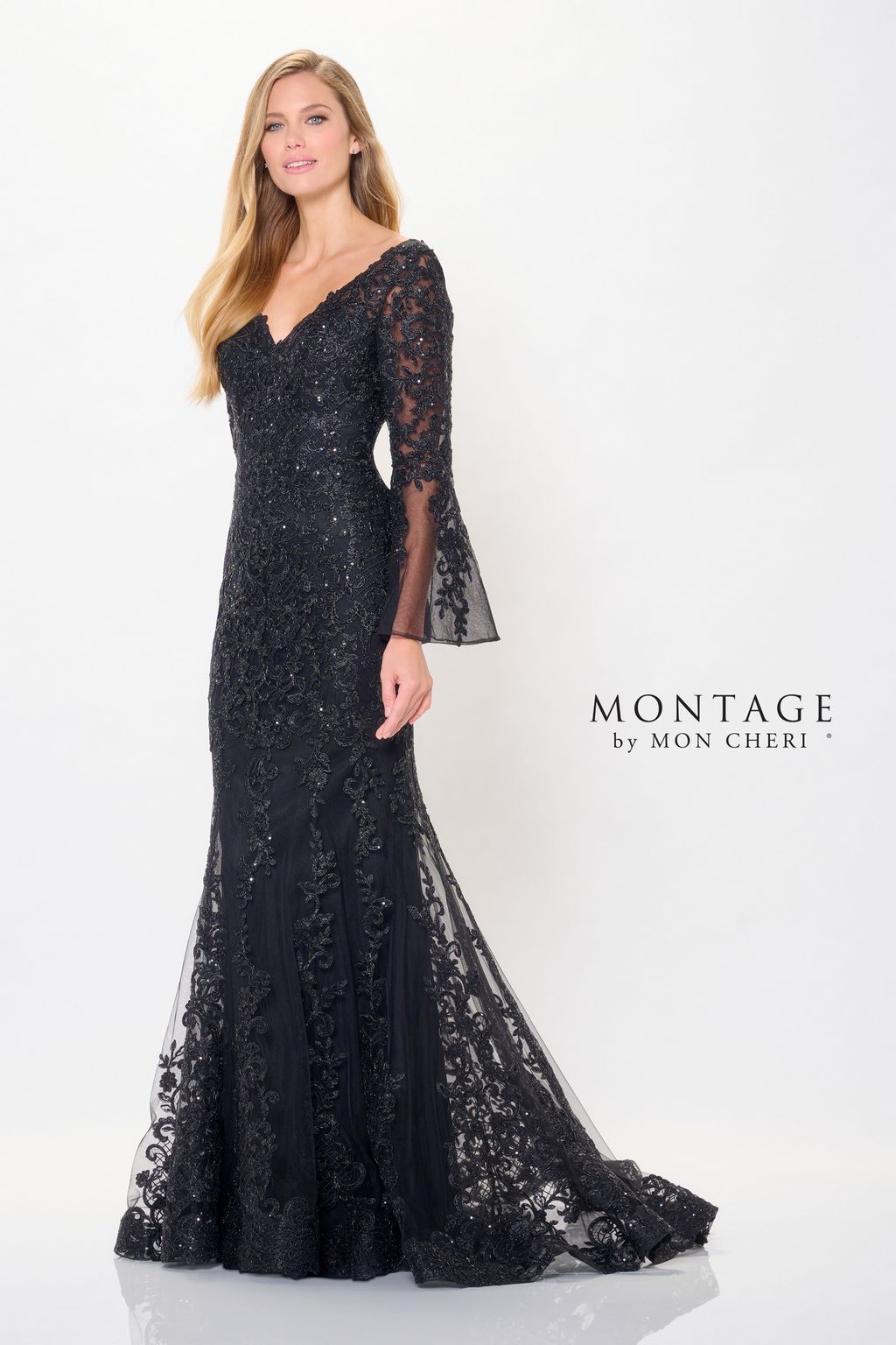 Montage M906 Sequin Long Formal Removable Sleeve Evening Dress
