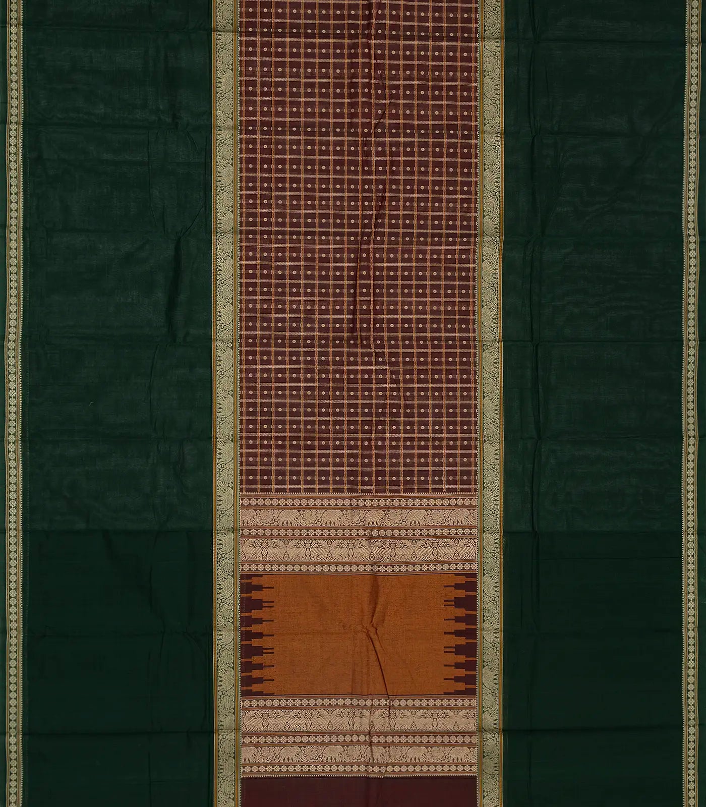 RmKV Maroon Handloom Kanchi Cotton Muppagam Saree With Checks & Button Motifs. - view 2