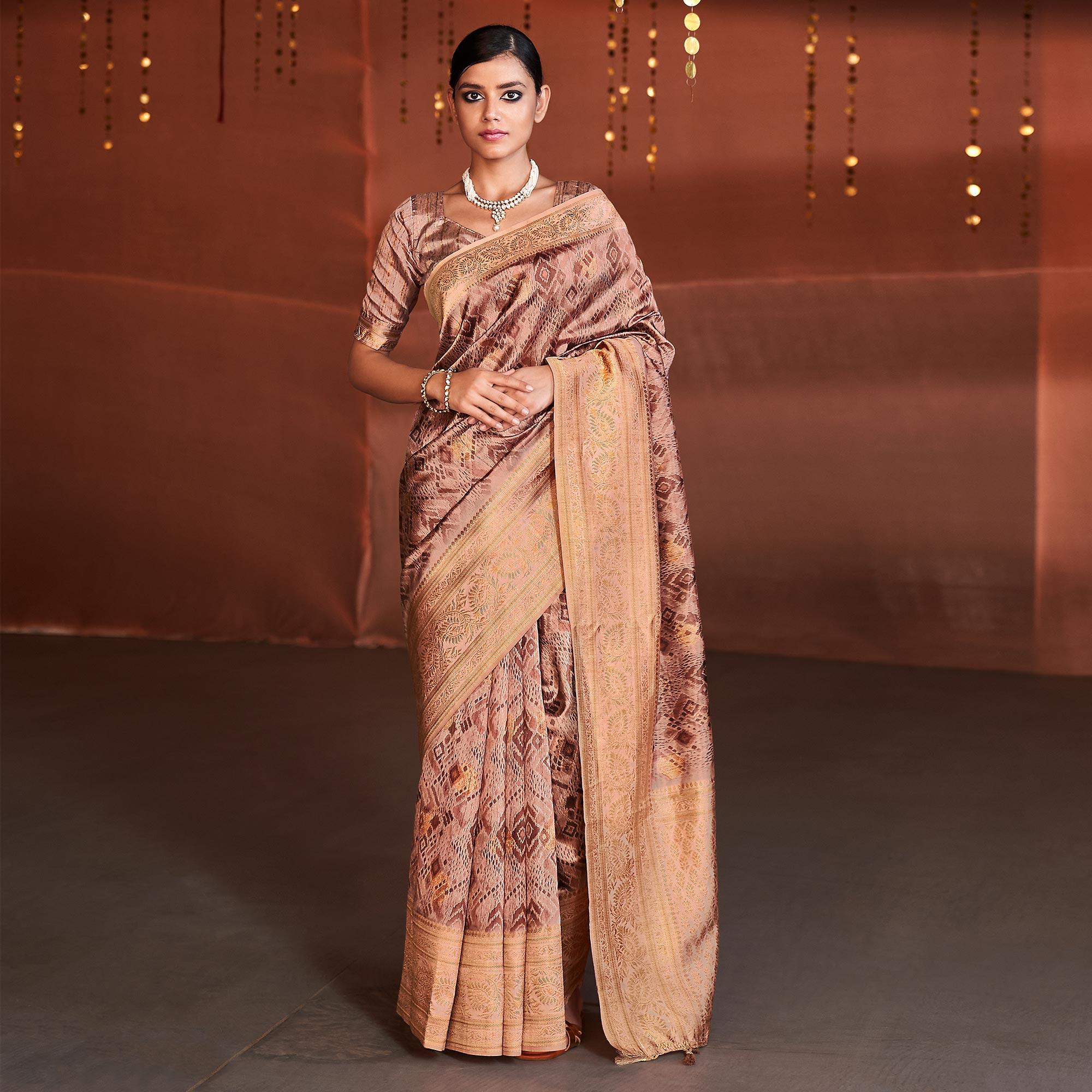 Peachmode Light Pink Digital Printed With Woven Border Art Silk Saree - view 2