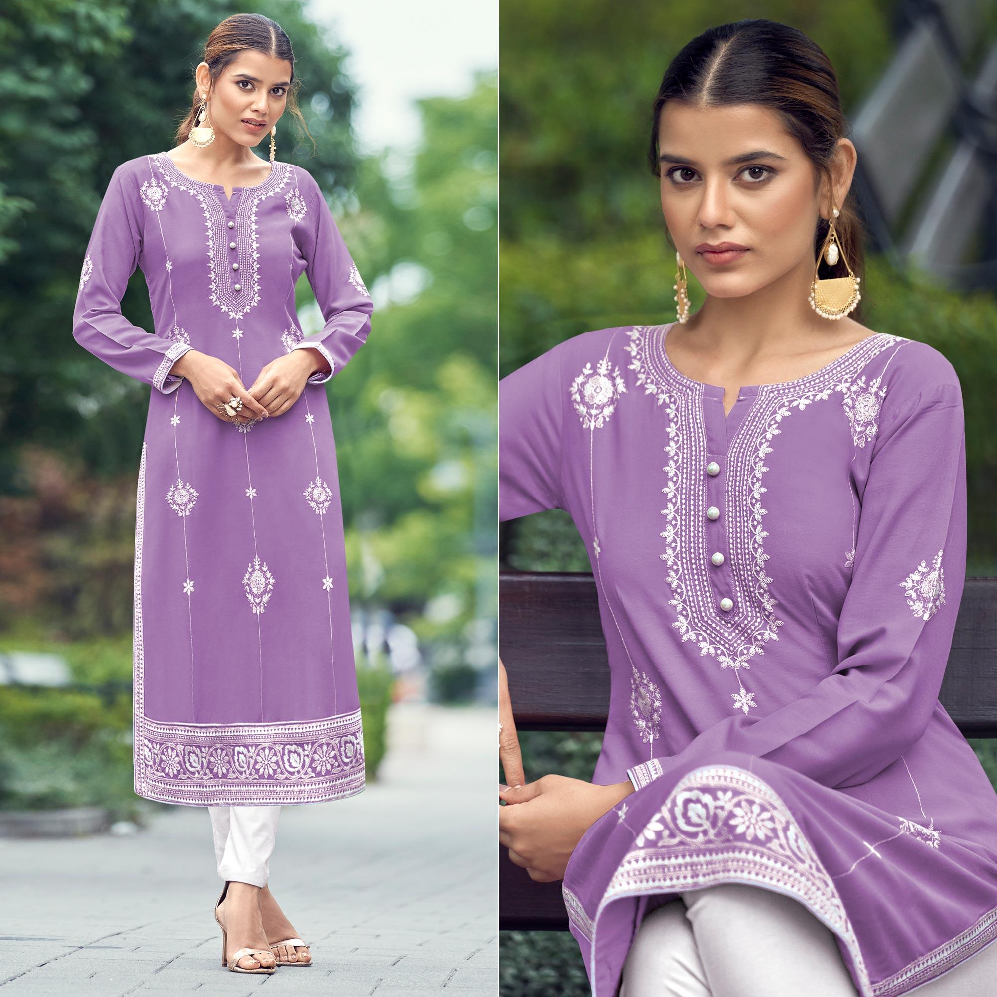 Peachmode Light Purple Lucknowi Work Rayon Kurti