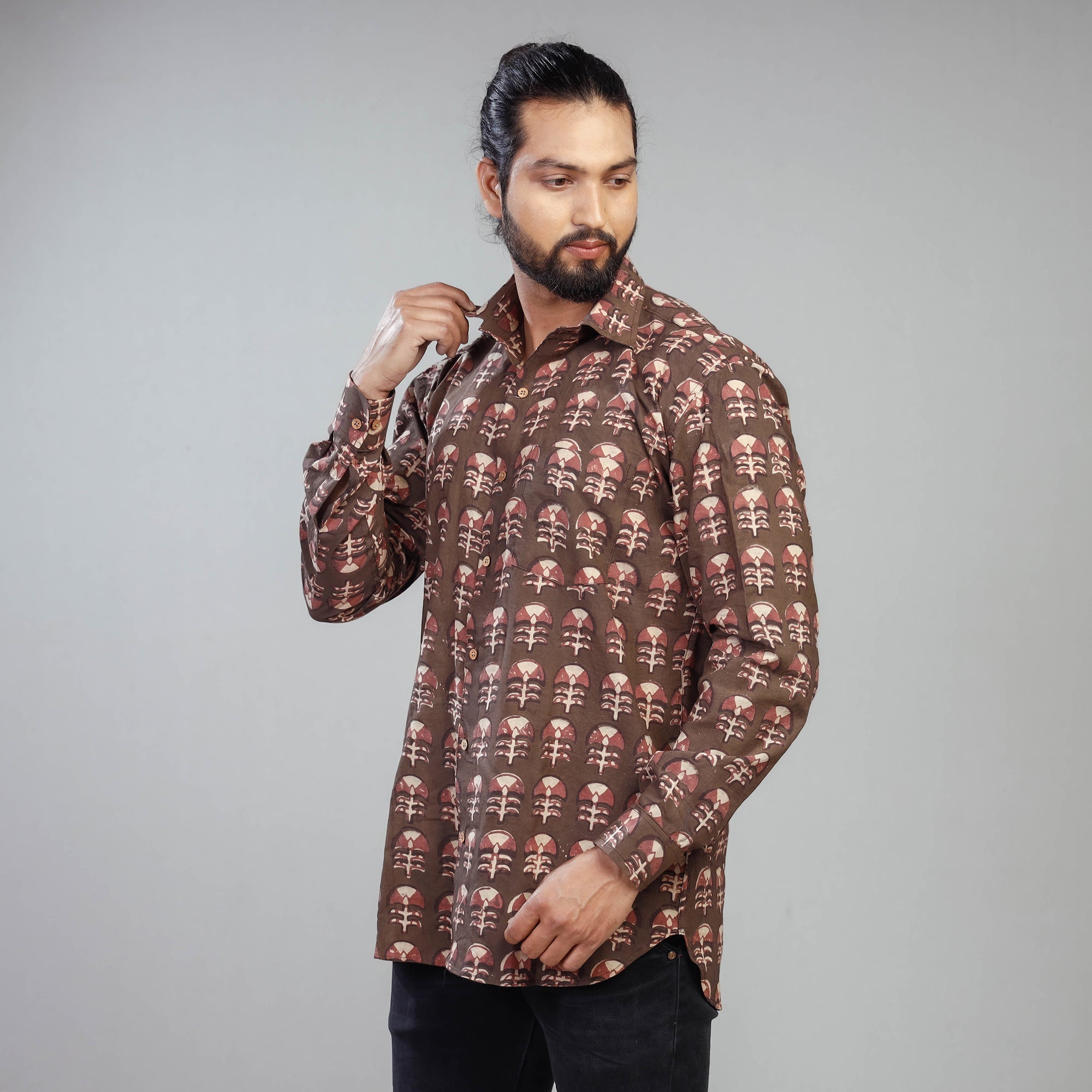 ITOKRI CASUALS Brown - Akola Block Printing Cotton Men Full Sleeve Shirt - view 4