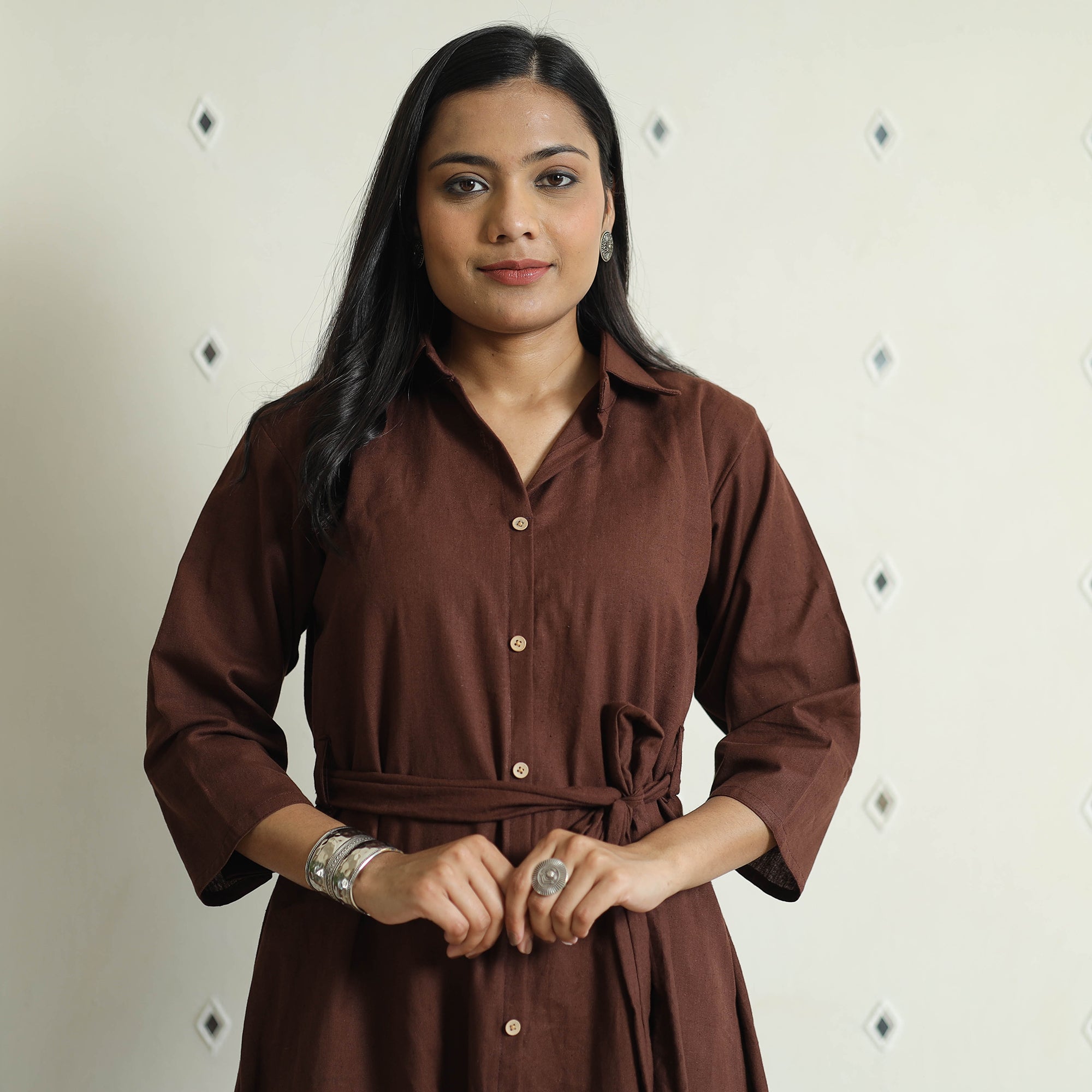 ITOKRI CASUALS Brown - Plain Flex Cotton Collared Neck Buttoned Down Dress