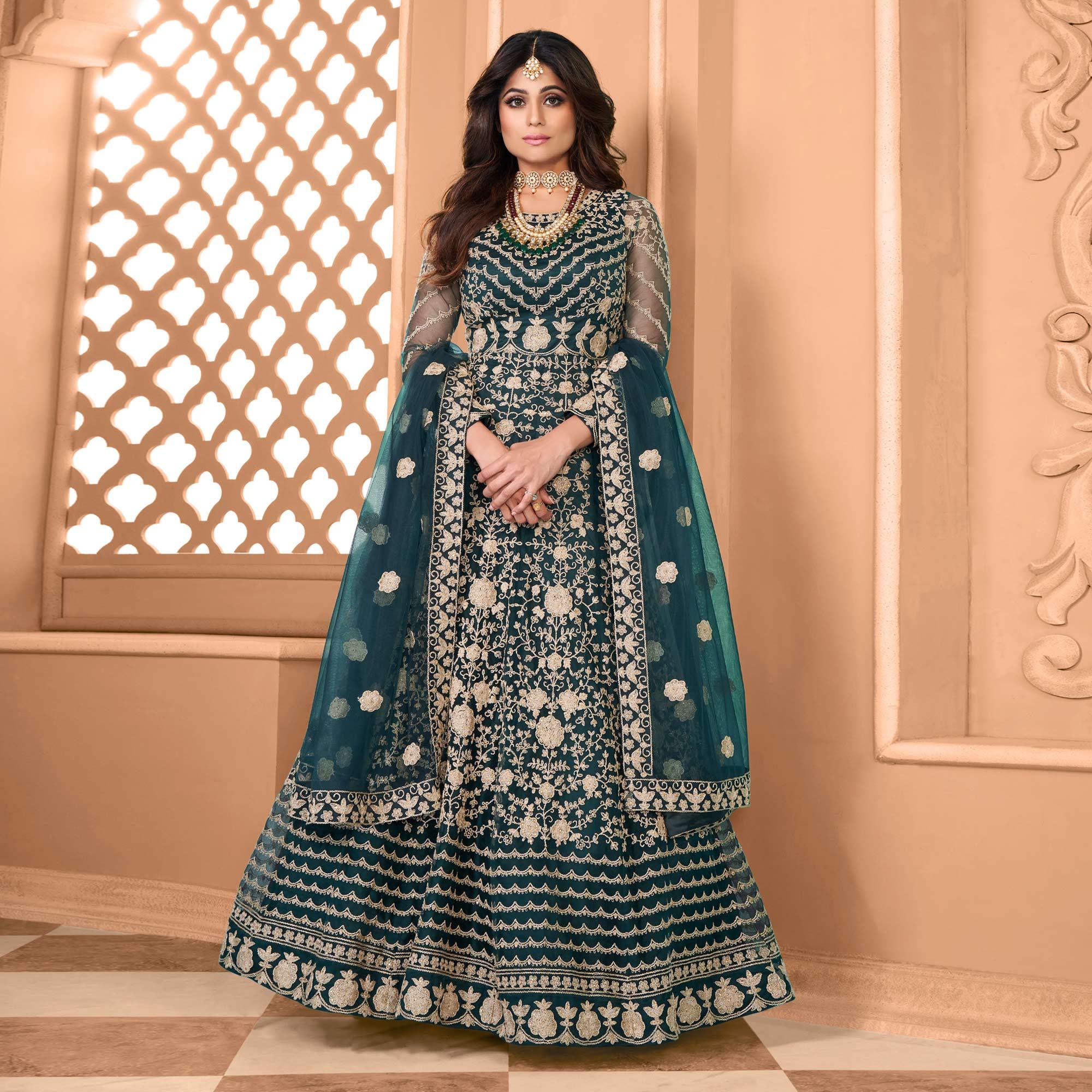 Peachmode Seller Dark Green Partywear Floral Embroidered Net Anarkali Suit