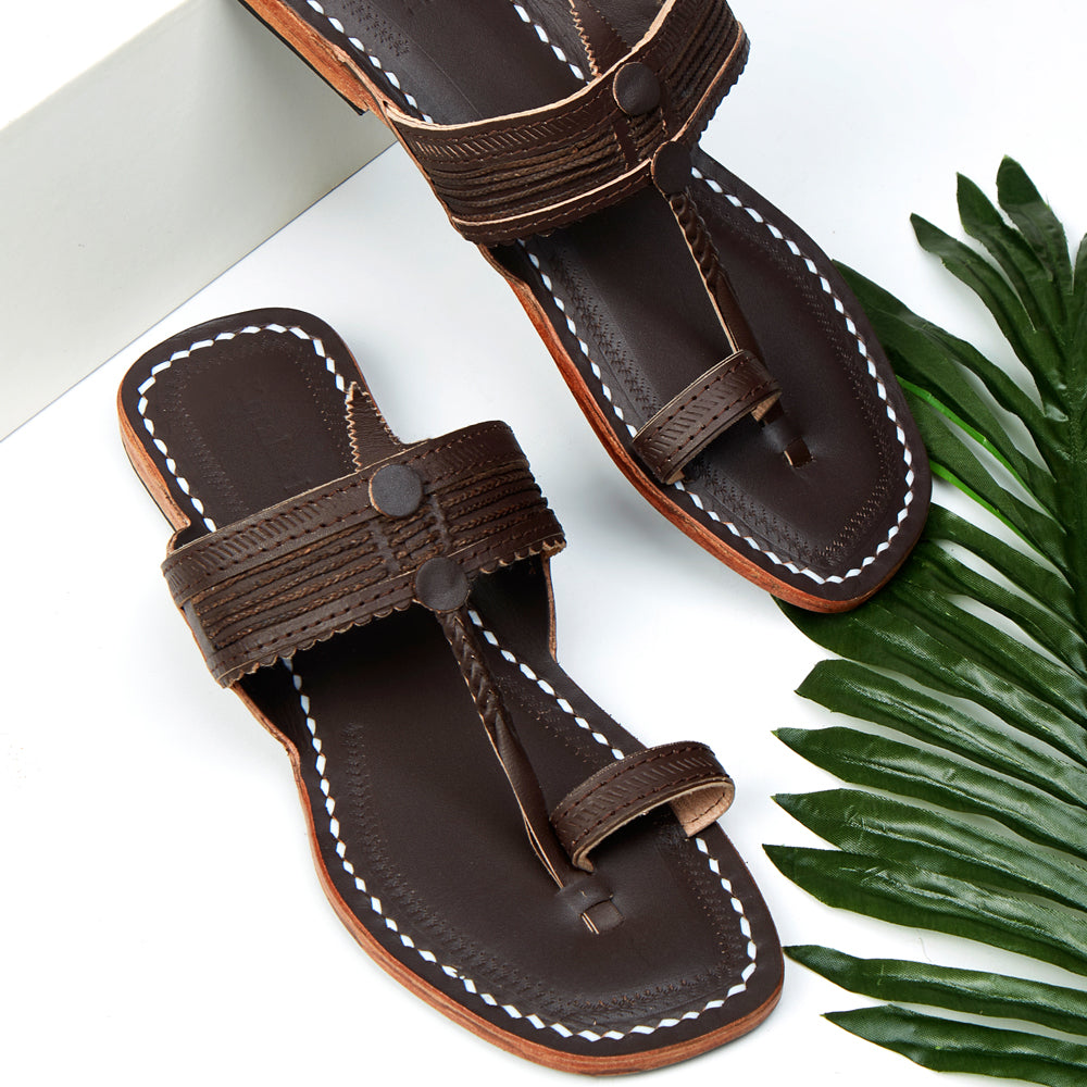 KORAKARI Brown Handstitched Leather Kolhapuri Women Slipper