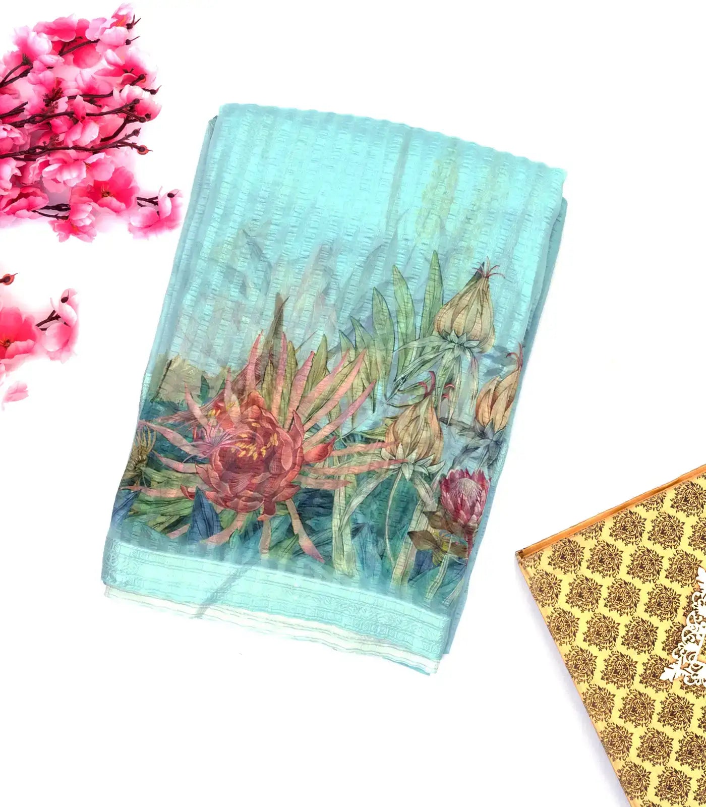 RmKV Turquoise Handwoven Banarasi Georgette Silk Saree Printed With Bird Motifs