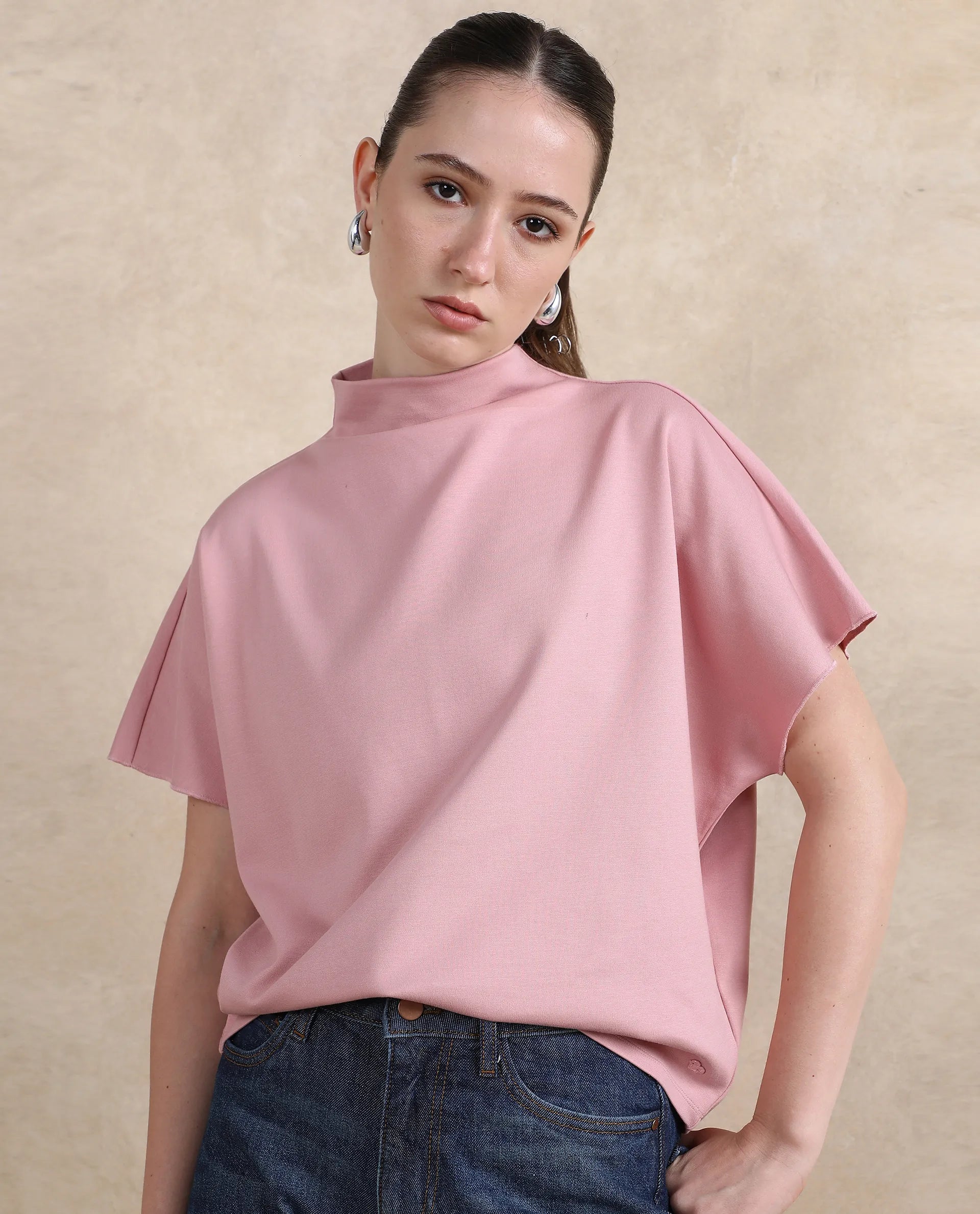 Rareism Women Worknet Pink Cotton Viscose Fabric Extended Sleeves High Neck Relaxed Fit Plain Top