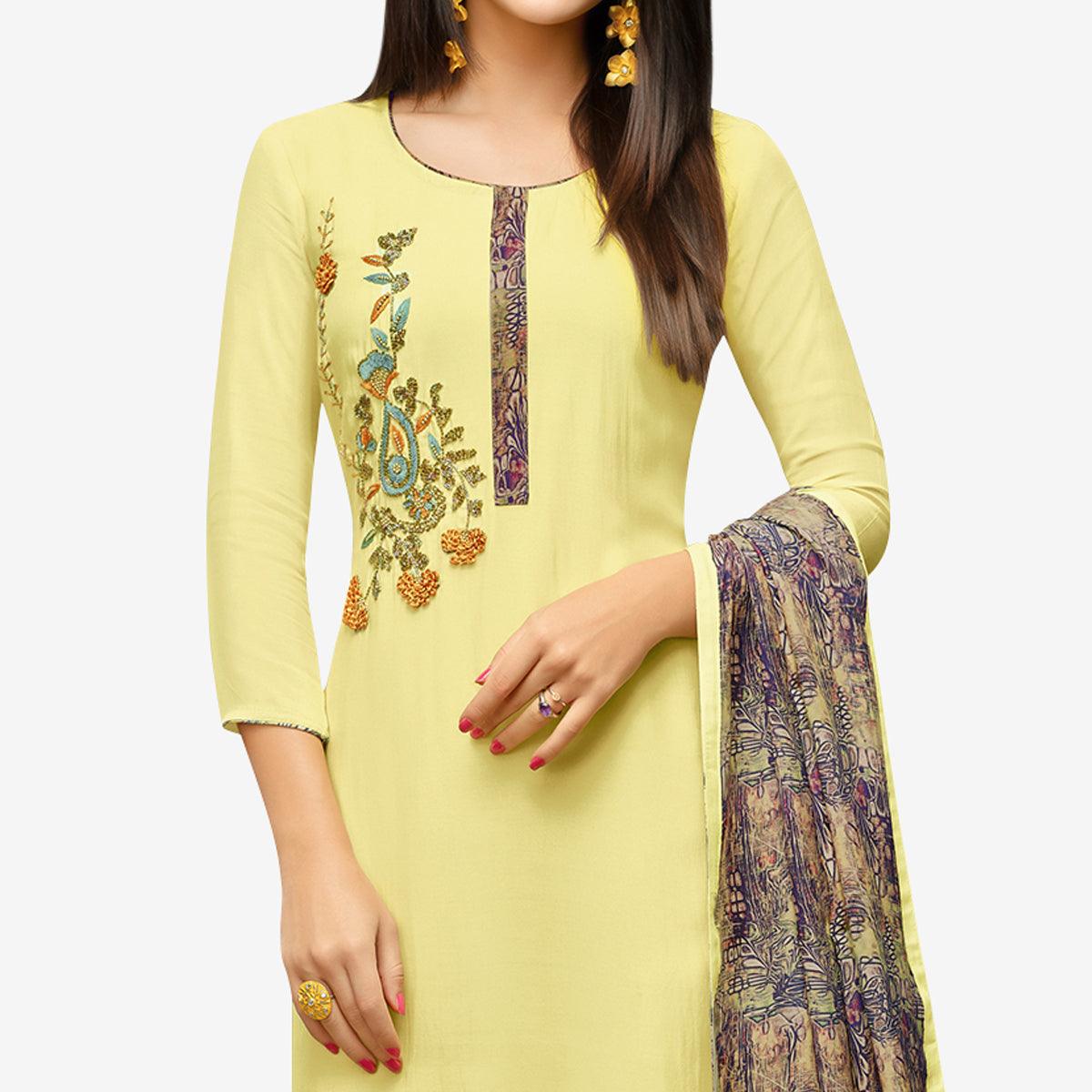 Peachmode Innovative Lemon Yellow Colored Party Wear Cotton Silk Salwar Suit - view 2