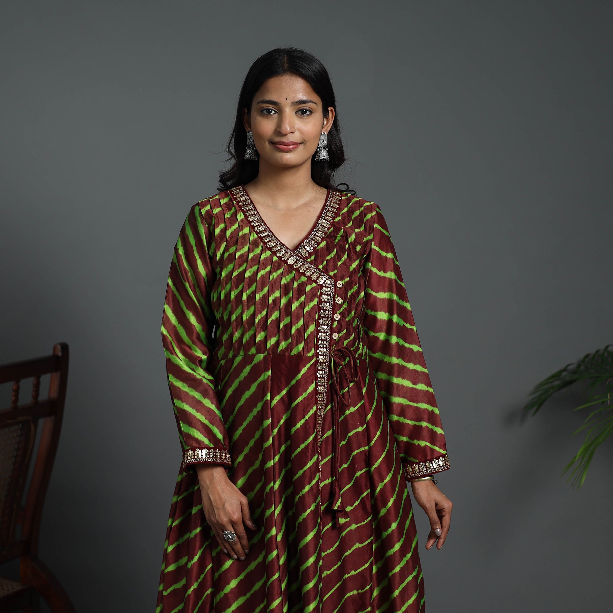 ITOKRI CASUALS Brown - Angrakha Handloom Chanderi Silk Tie-Dye Leheriya Kurta 01 - view 2