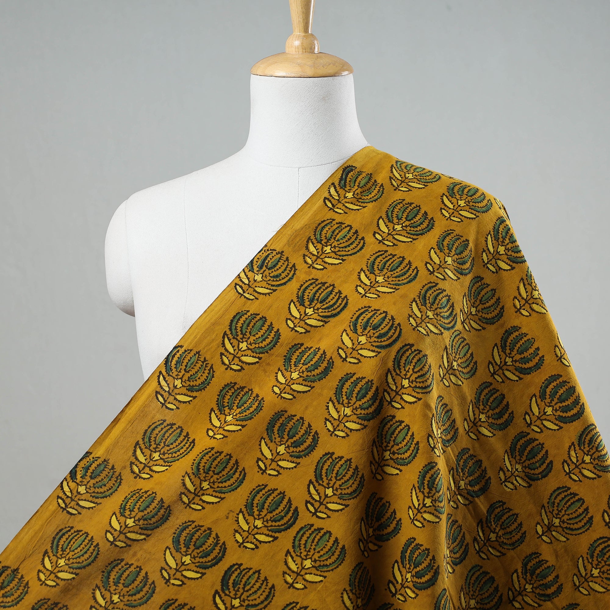 AJRAKH BY JABBAR KHATRI Beaming Yellow Lotus Butta Ajrakh Block Printed Cotton Fabric