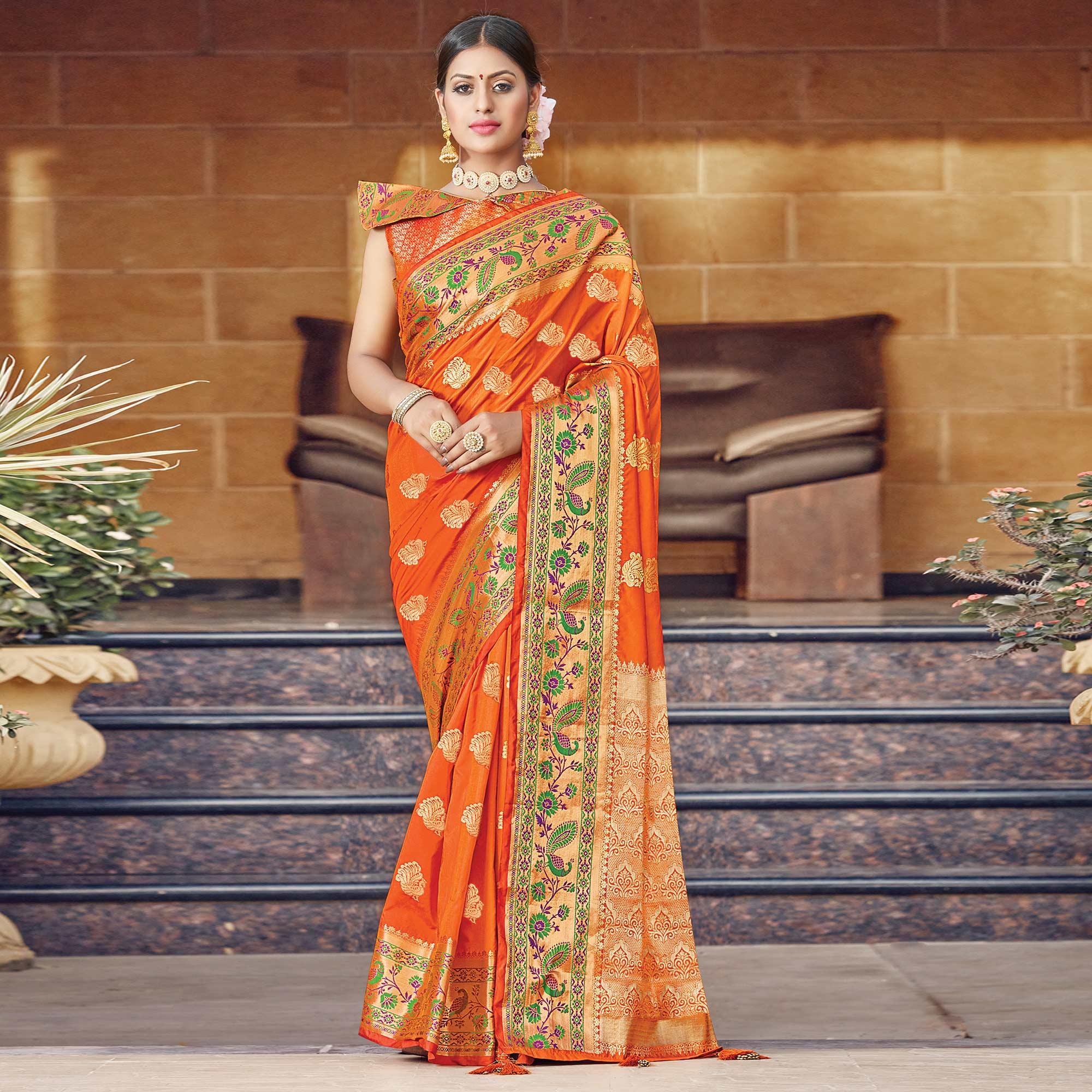 Peachmode Flamboyant Orange Colored Festive Wear Woven Silk Saree