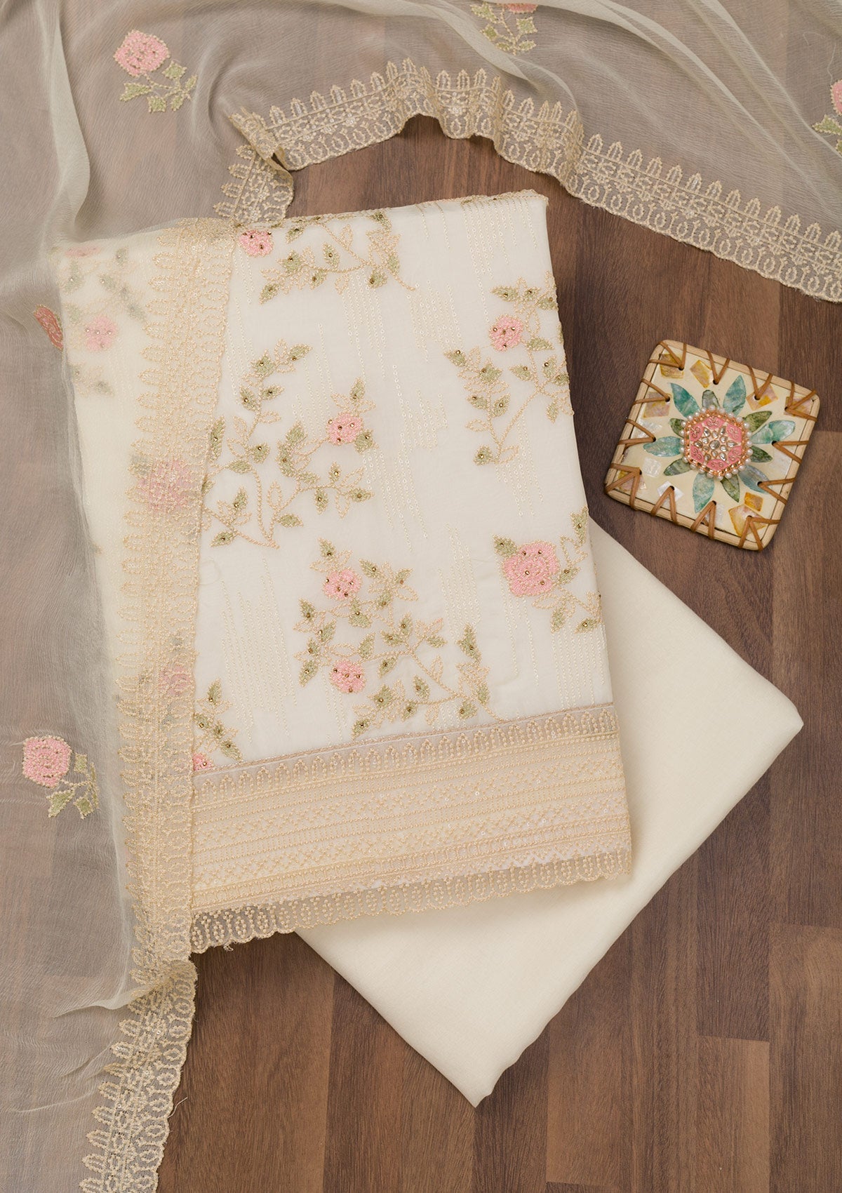 Koskii White Threadwork Georgette Unstitched Salwar Suit