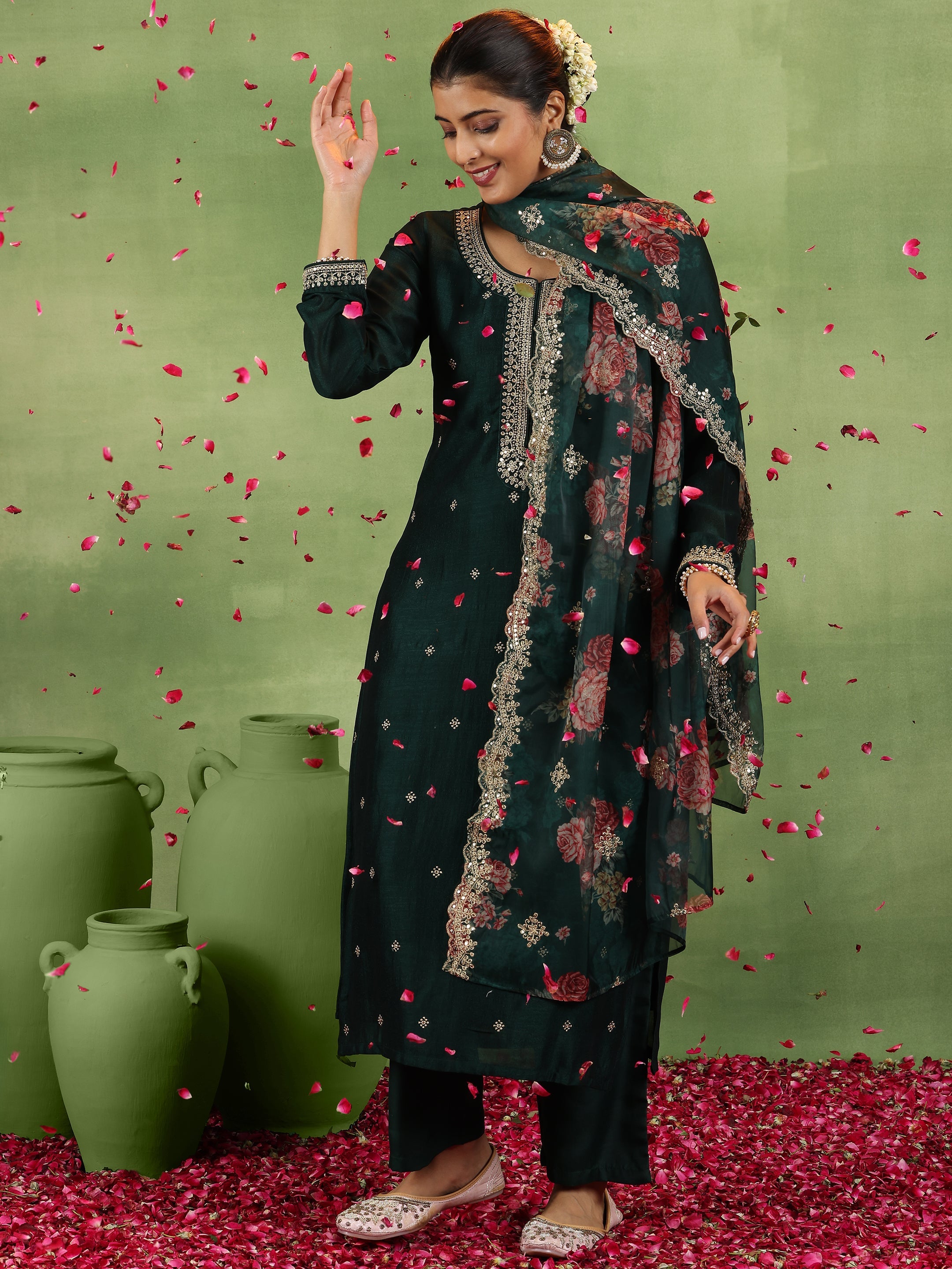 Libas Green Embroidered Silk Blend Straight Suit With Dupatta
