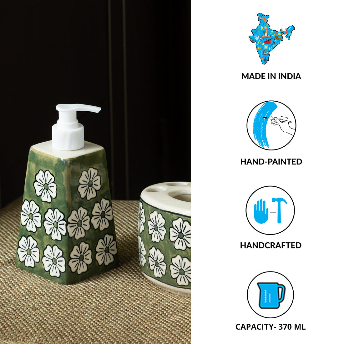 EXCLUSIVELANE 'Jade Mogra' Handpainted Bathroom Accessory Set In Ceramic (Liquid Soap Dispenser, Toothbrush Holder) - view 5