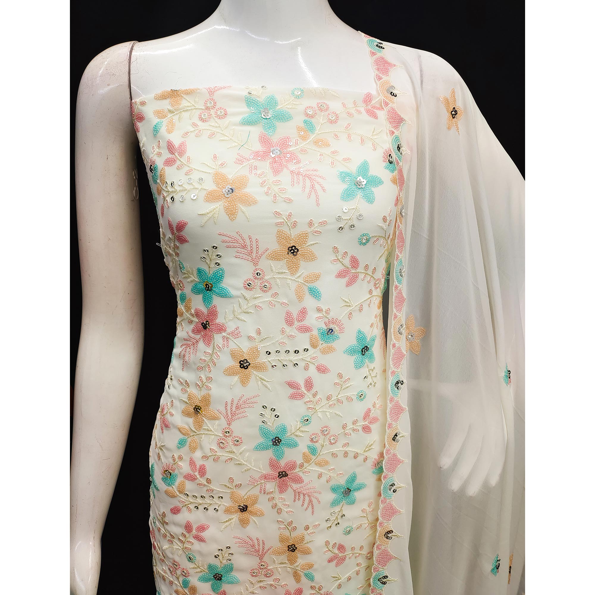 Peachmode Cream Floral Sequins Embroidered Georgette Dress Material - view 4