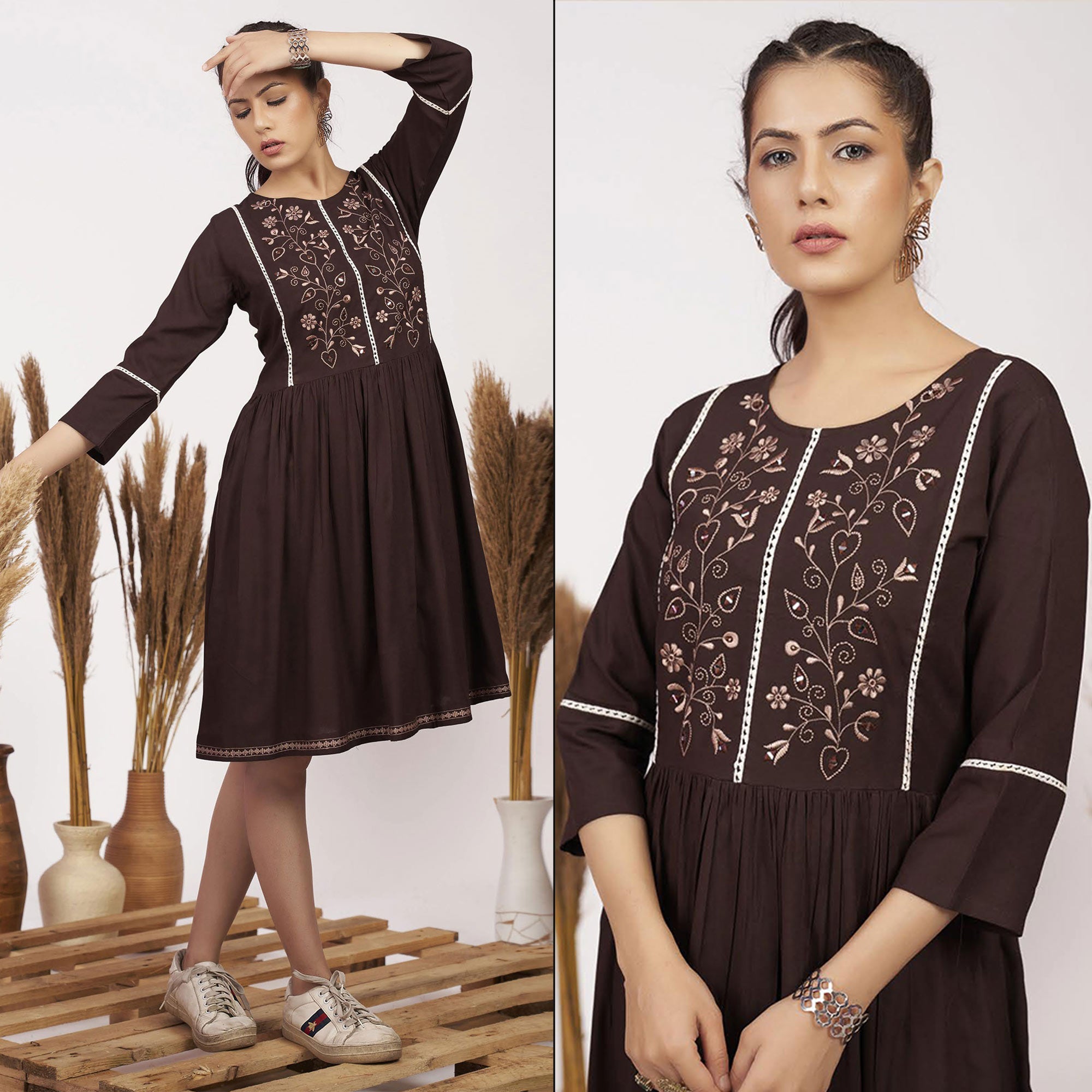 Peachmode Brown Floral Embroidered Rayon Short Dress
