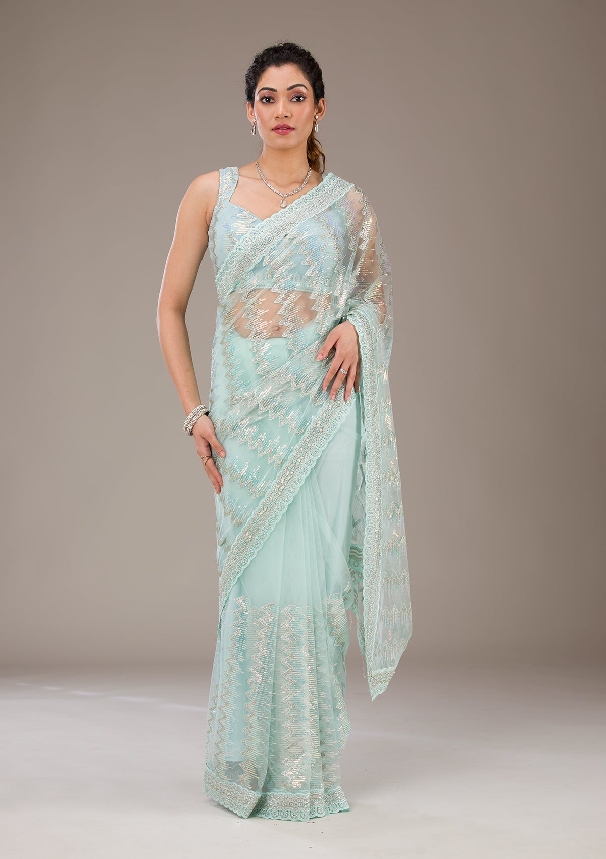 Koskii Pista Green Sequins Net Saree – Women's