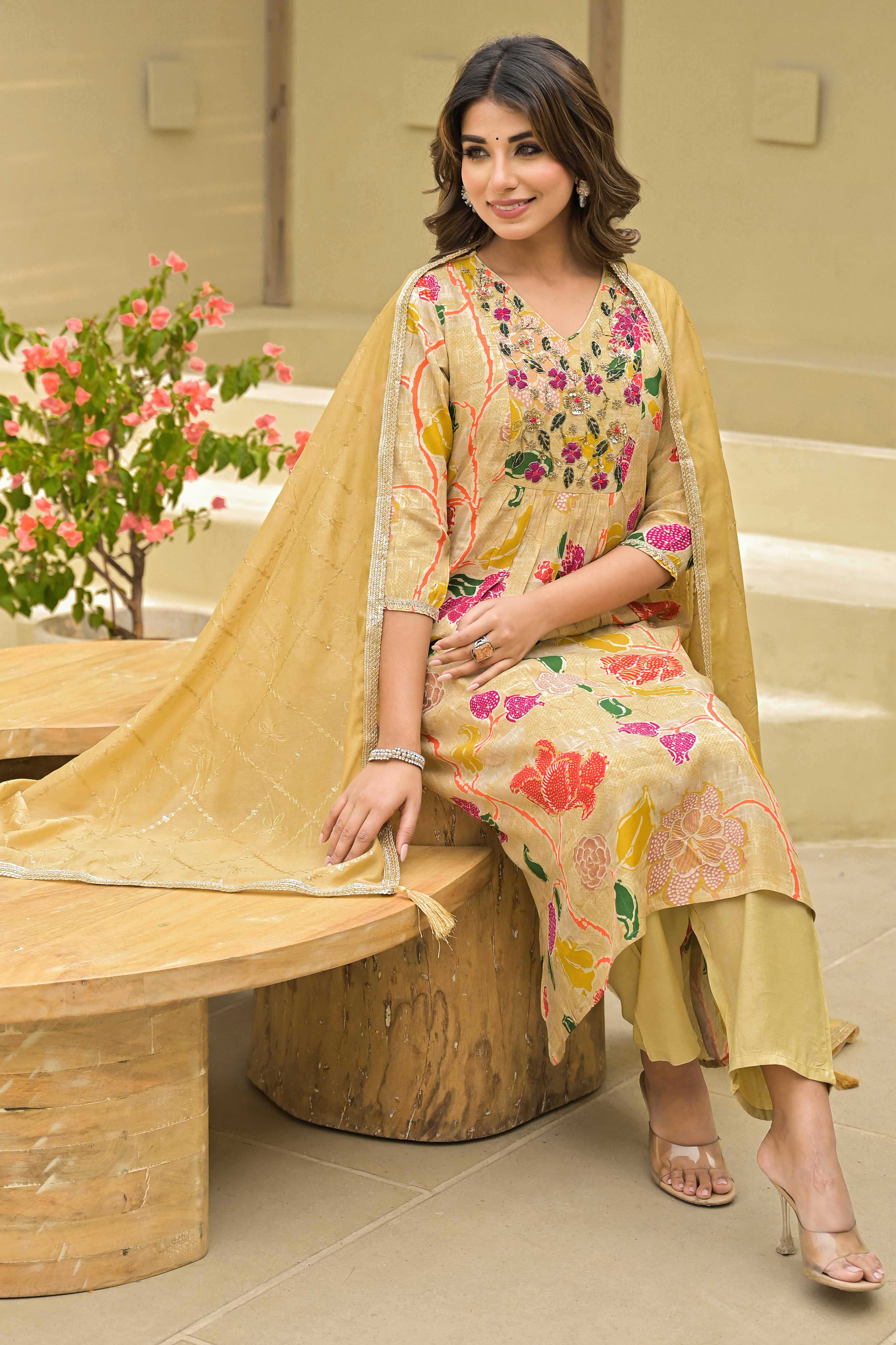 Peachmode Chikoo Floral Printed Muslin Anarkali Style Salwar Suit With Hand Work - view 6