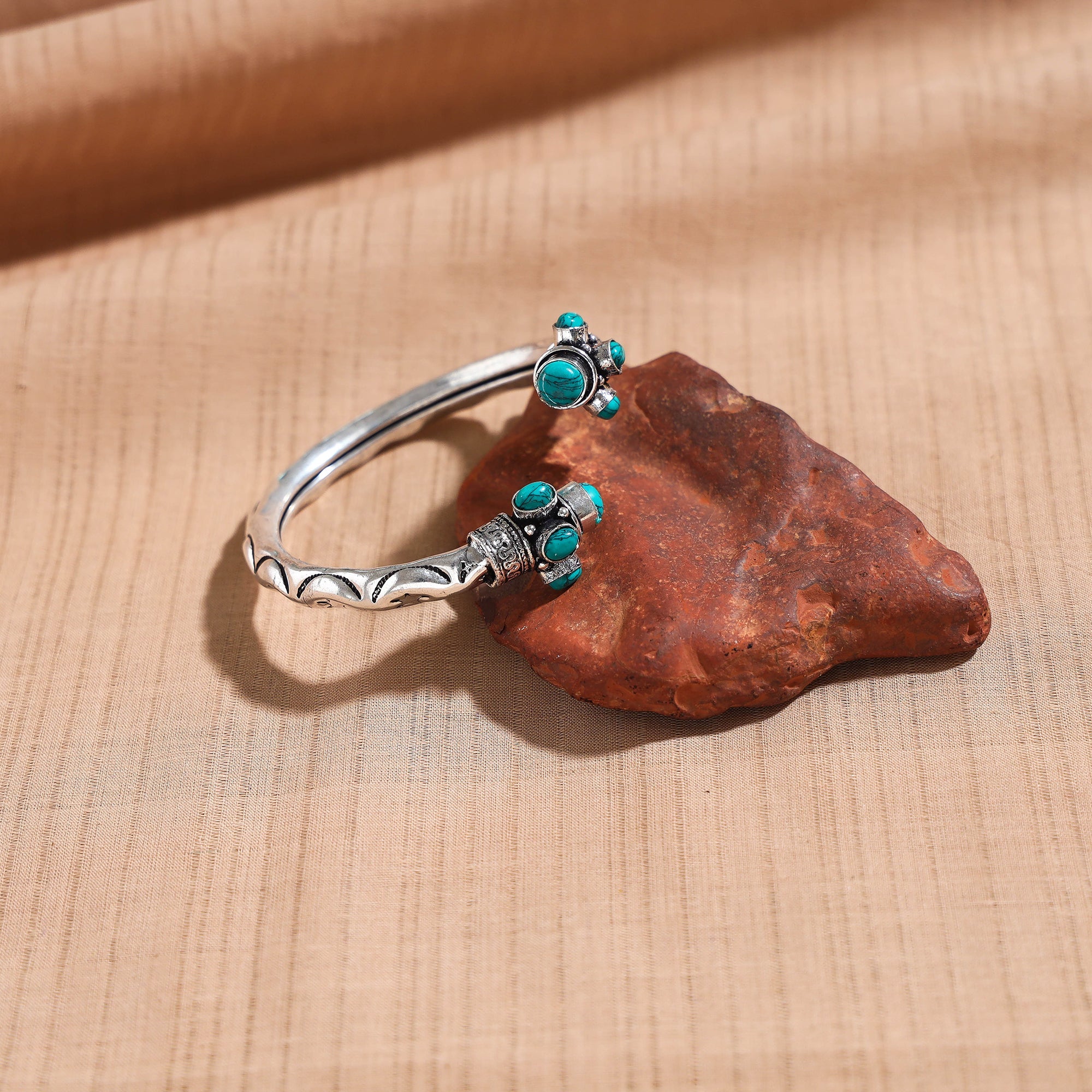 WHITE RIVER STORIES Antique Finish Oxidised German Silver Stone Bangle / Kada (Adjustable)