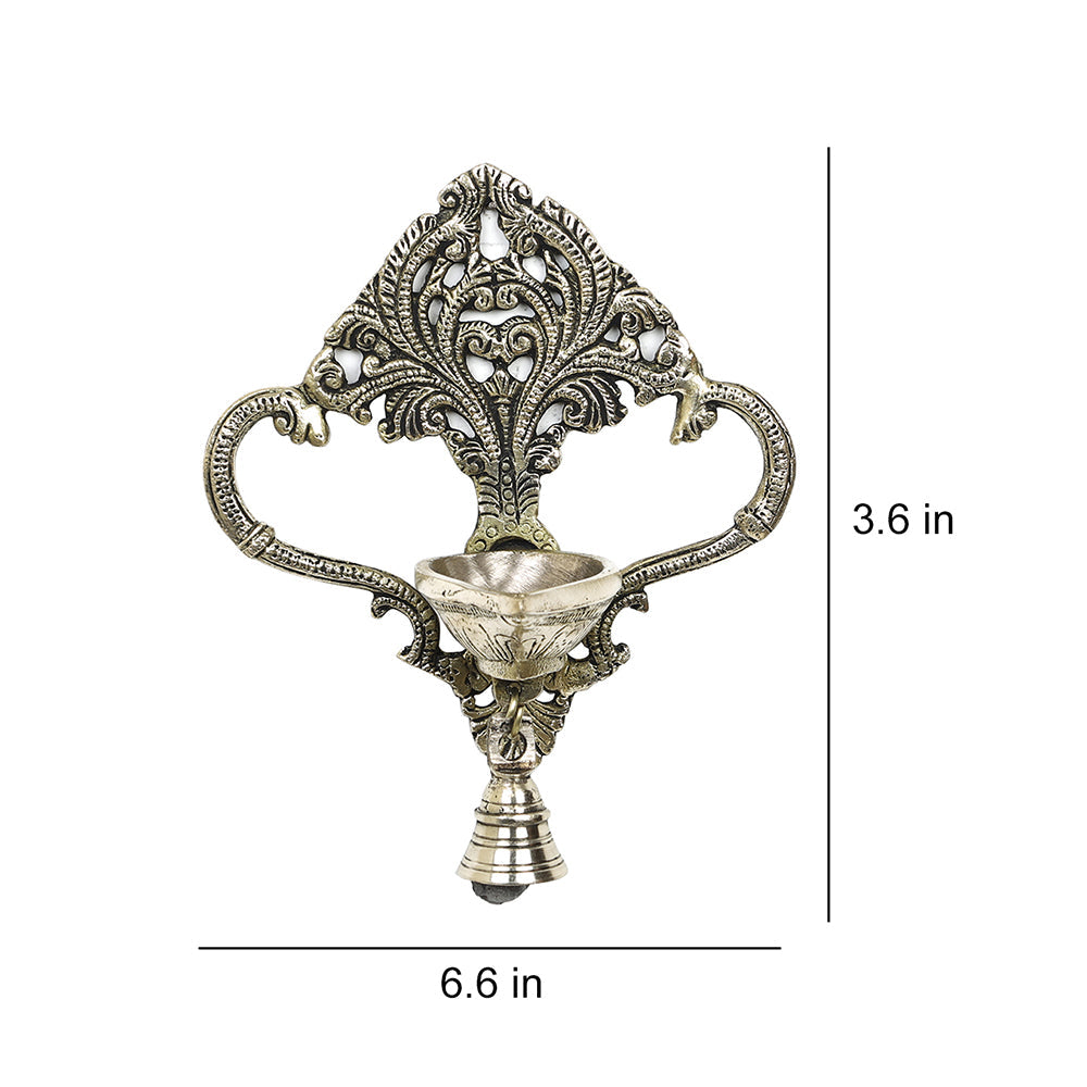 BAMBOO TREE JEWELS Antique Brass Metal Handcrafted Wall Hanging Diya with Bell (3.6 x 6.6 in) - view 5