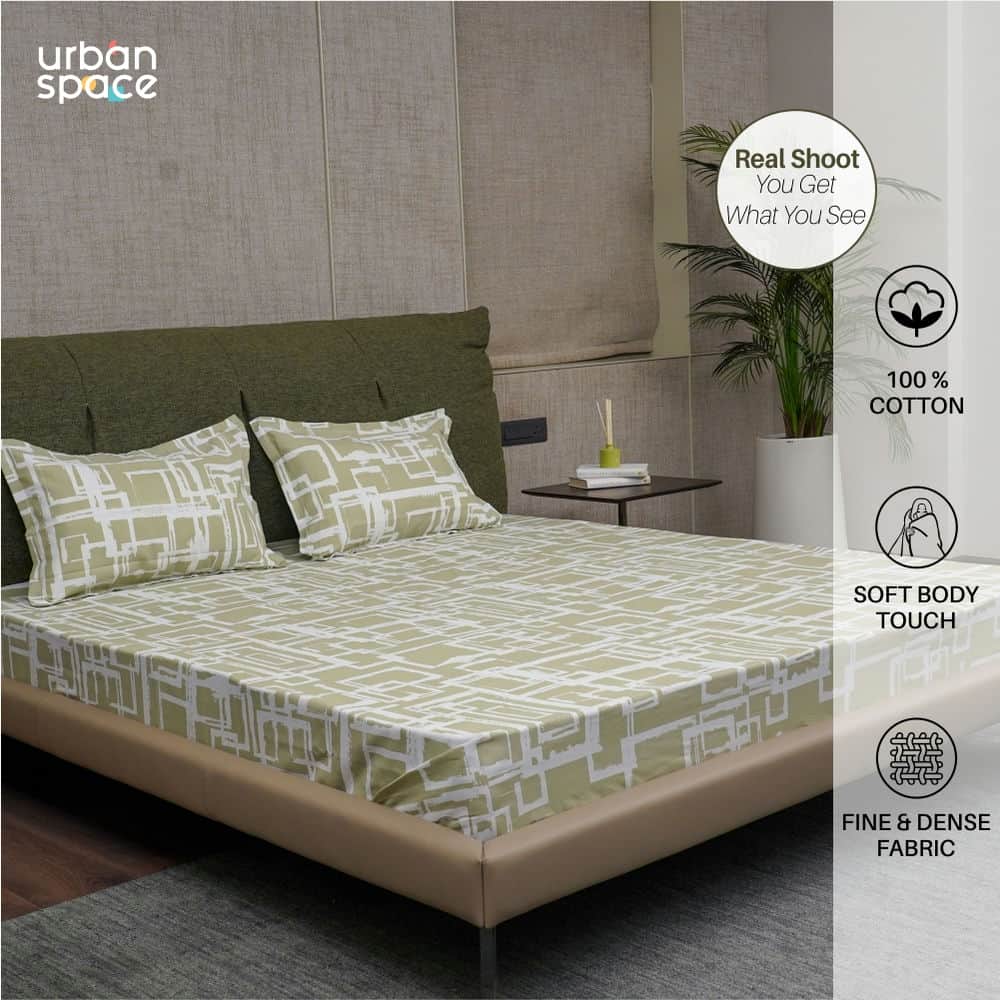 Urban Space -Home Furnishing Store Serene Collection - Breathable 200 TC 100% Pure Cotton Bedsheet with Pillow Cover, Checkers - Green - view 3