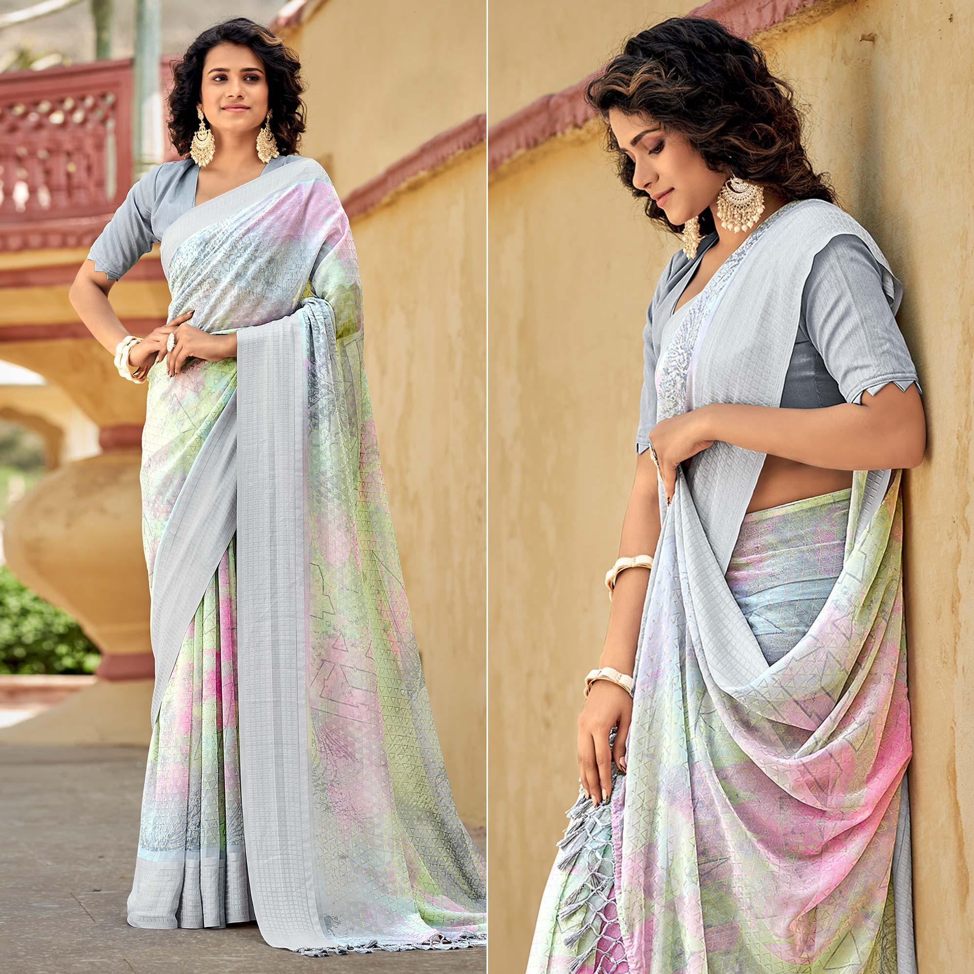 Peachmode Grey Printed Georgette Saree With Tassels