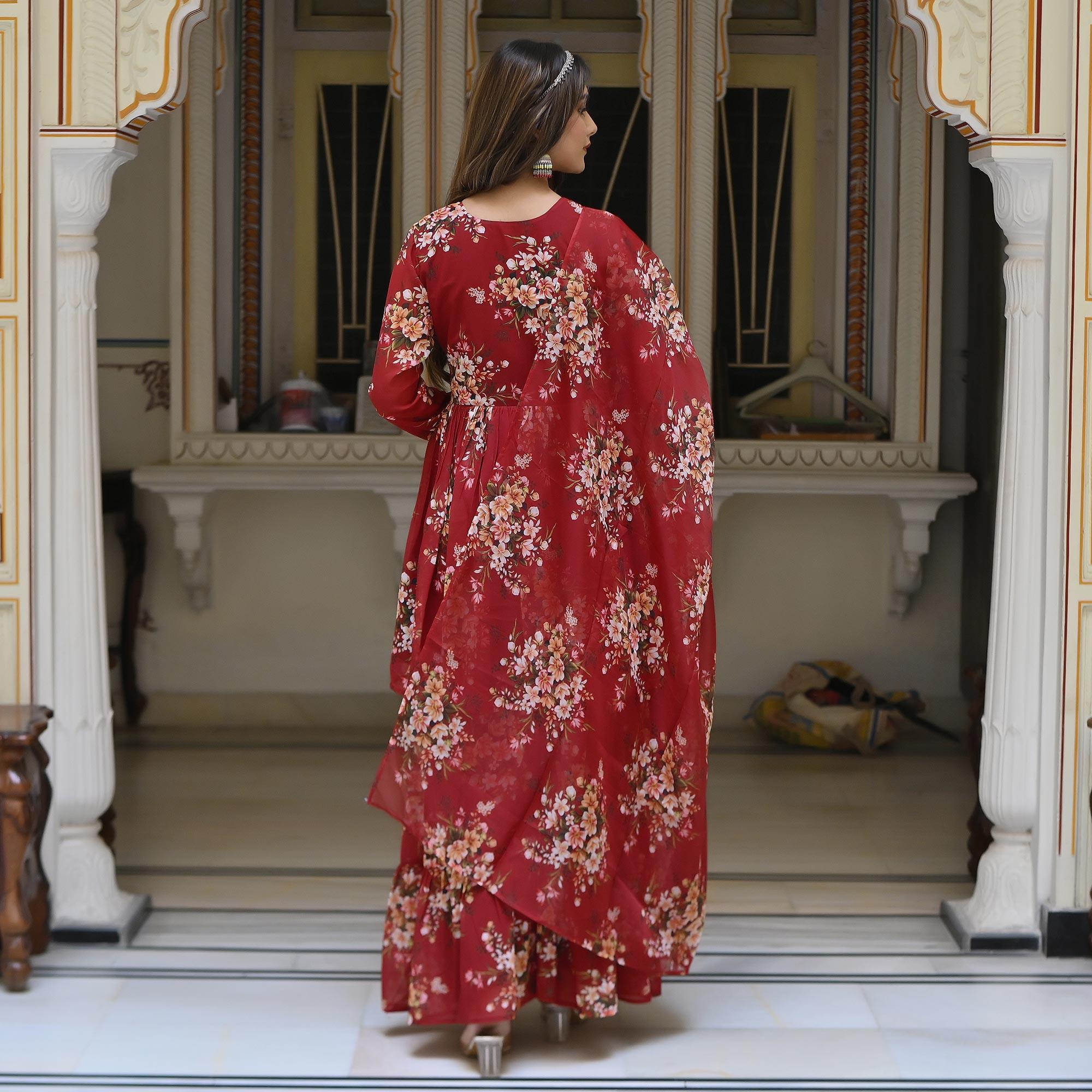 Peachmode Maroon Floral Printed Georgette Sharara Suit - view 6