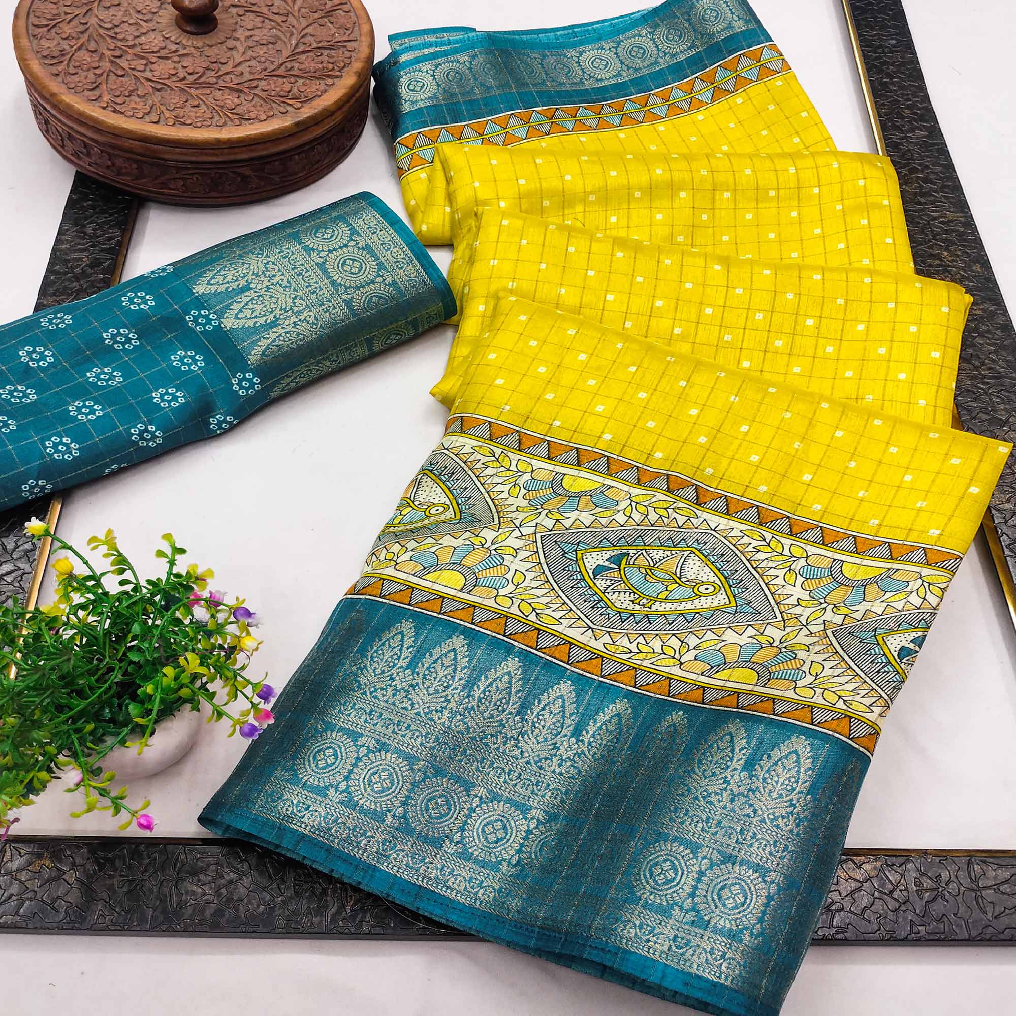 Peachmode Lemon Yellow Madhubani Work Woven Dola Silk Saree