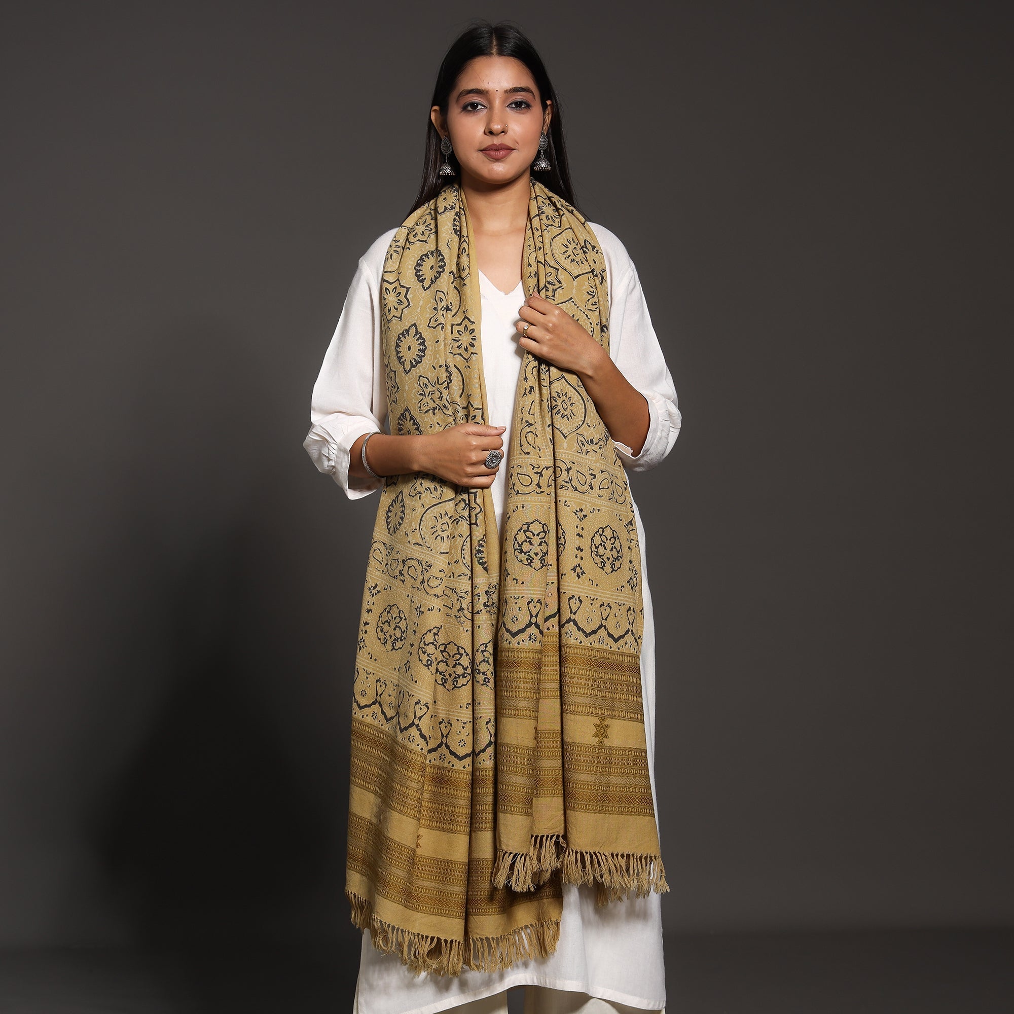 VANKAR BHIMJI KANJI Brown - Kutch Traditional Ajrakh Block Printed Handwoven Pure Wool Shawl - view 2