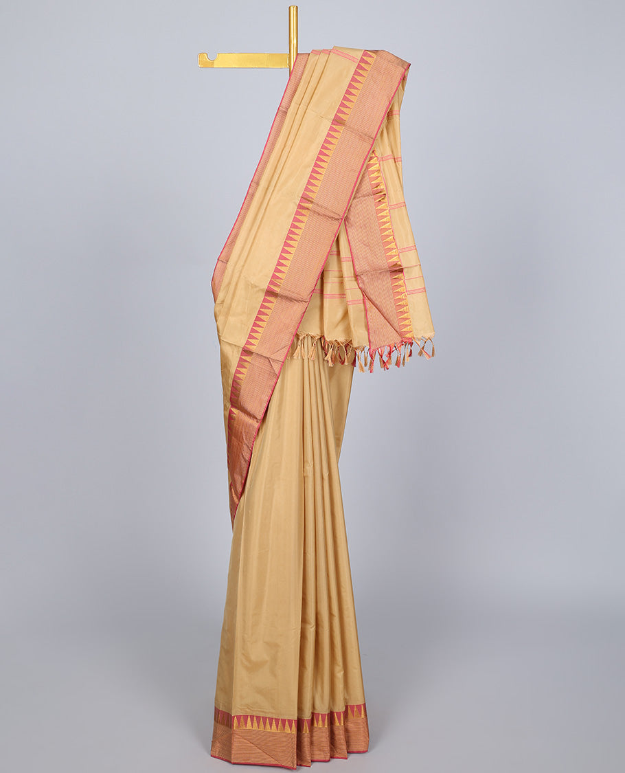 Pothys Sandal aarani gift saree, contrast temple border & pallu of stripes
