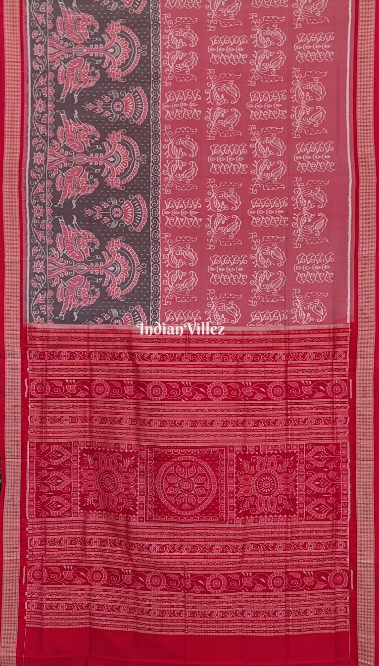 IndianVillèz Peach Black Peacock Sambalpuri Ikat Silk Pastel Saree - view 3