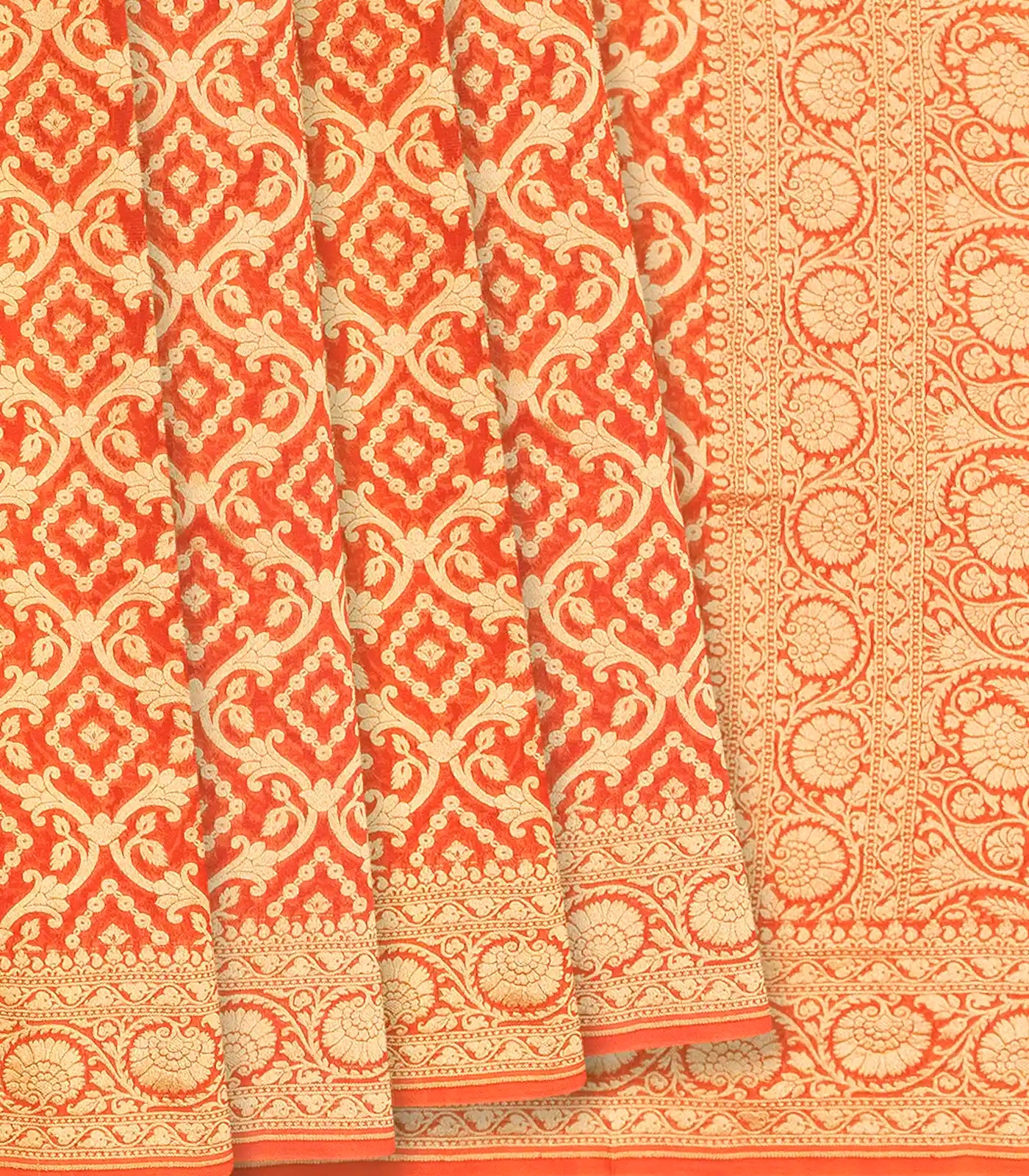 RmKV Orange Banarasi Khaddi Georgette Saree With Vine Motifs-Orange